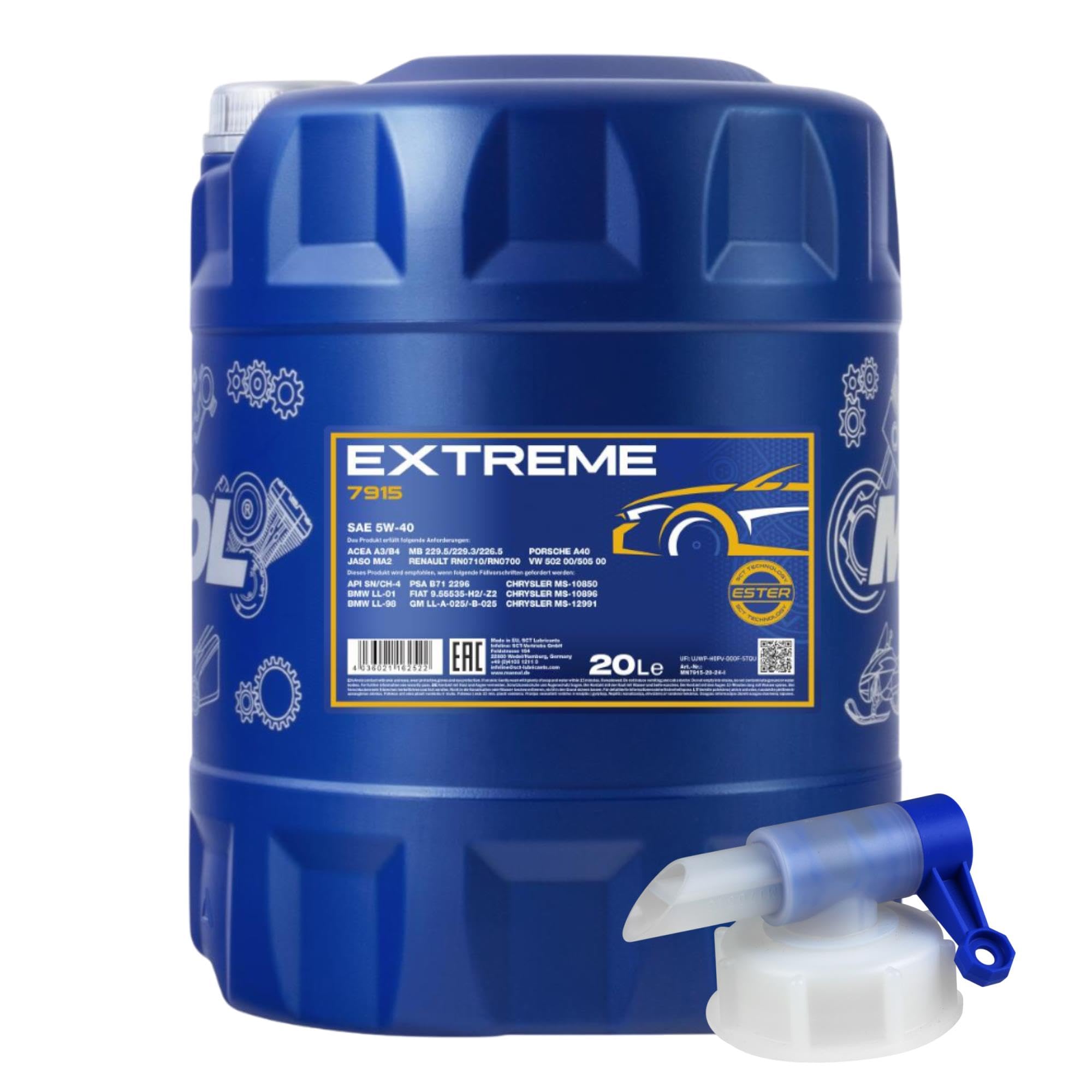 20 Liter MANNOL Extreme 5W-40 API SN/CF Öl Motoröl MN7915-20 inkl. Auslaufhahn