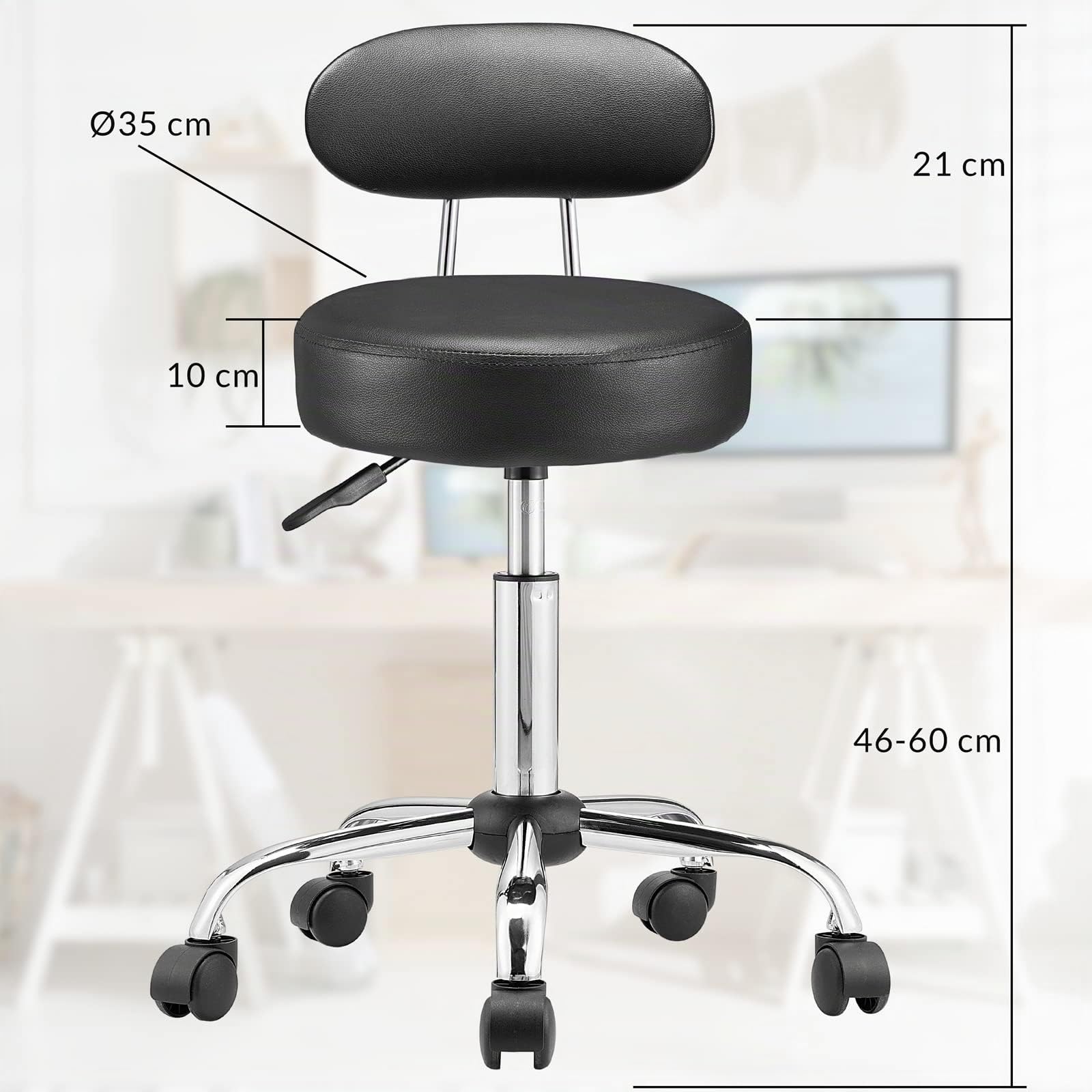 CASARIA® Taburete Oficina Giratorio 360° con Ruedas Respaldo Silla Escritorio Trabajo Altura Ajustable 46-60cm Asiento 10 cm Grosor Resistente Negro