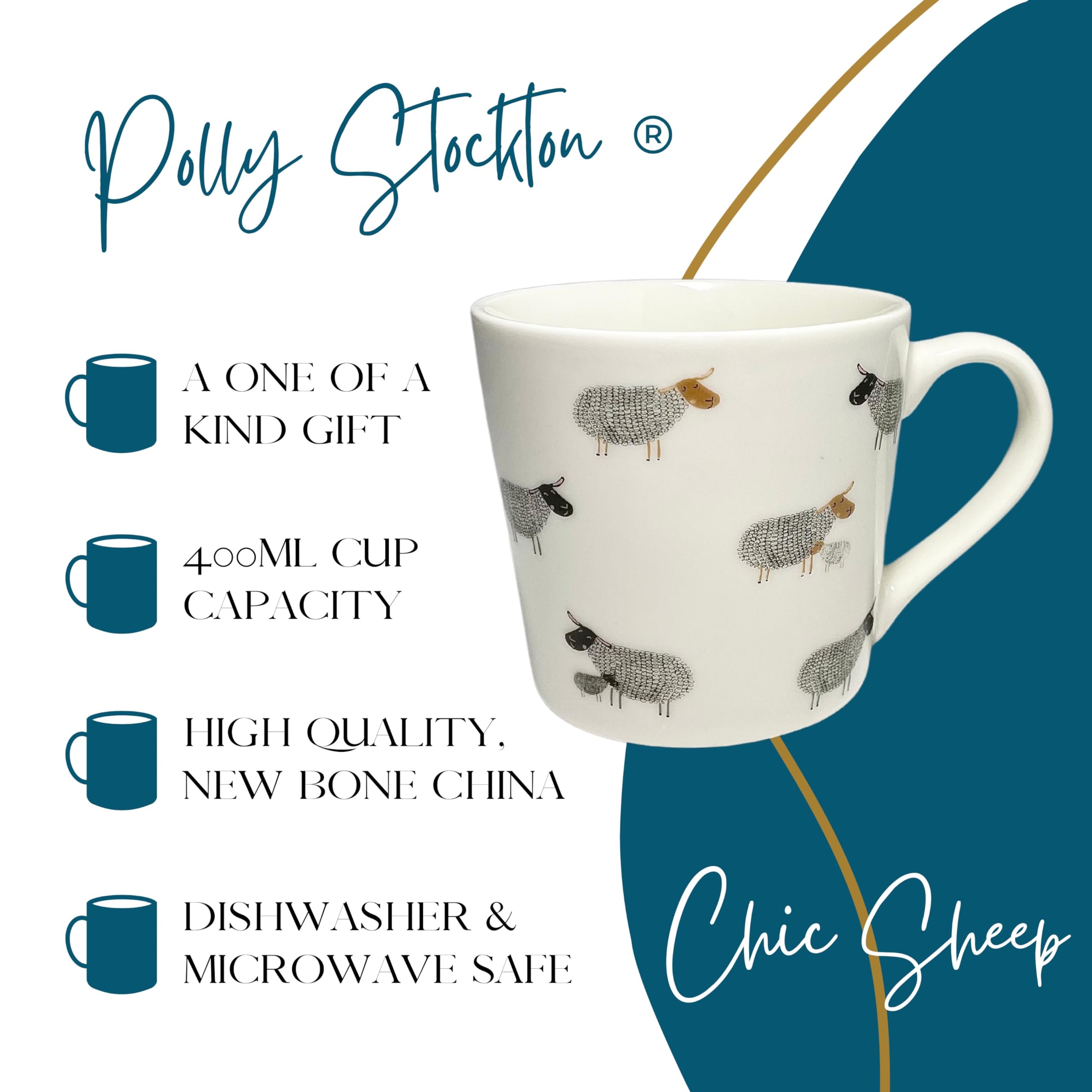 Polly Stockton Chic Sheep Mug, Ceramic Coffee & Tea Mug with Charming Animal Design. Tasteful Everyday Homeware - Image 3
