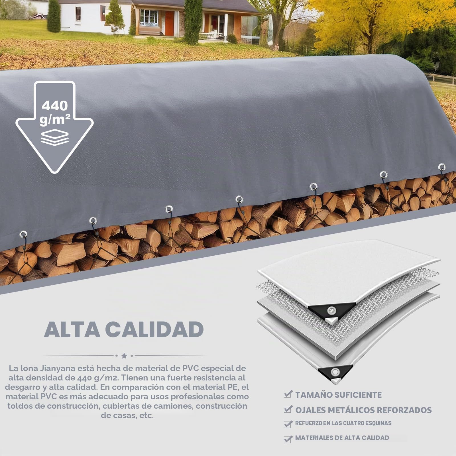 Jianyana Lonas, PVC 440 g/m² Lona Impermeable Exterior Lona Remolque Lona Piscina con Ojales, Diez Metros de Cuerda, Gris (4 x 5 m)