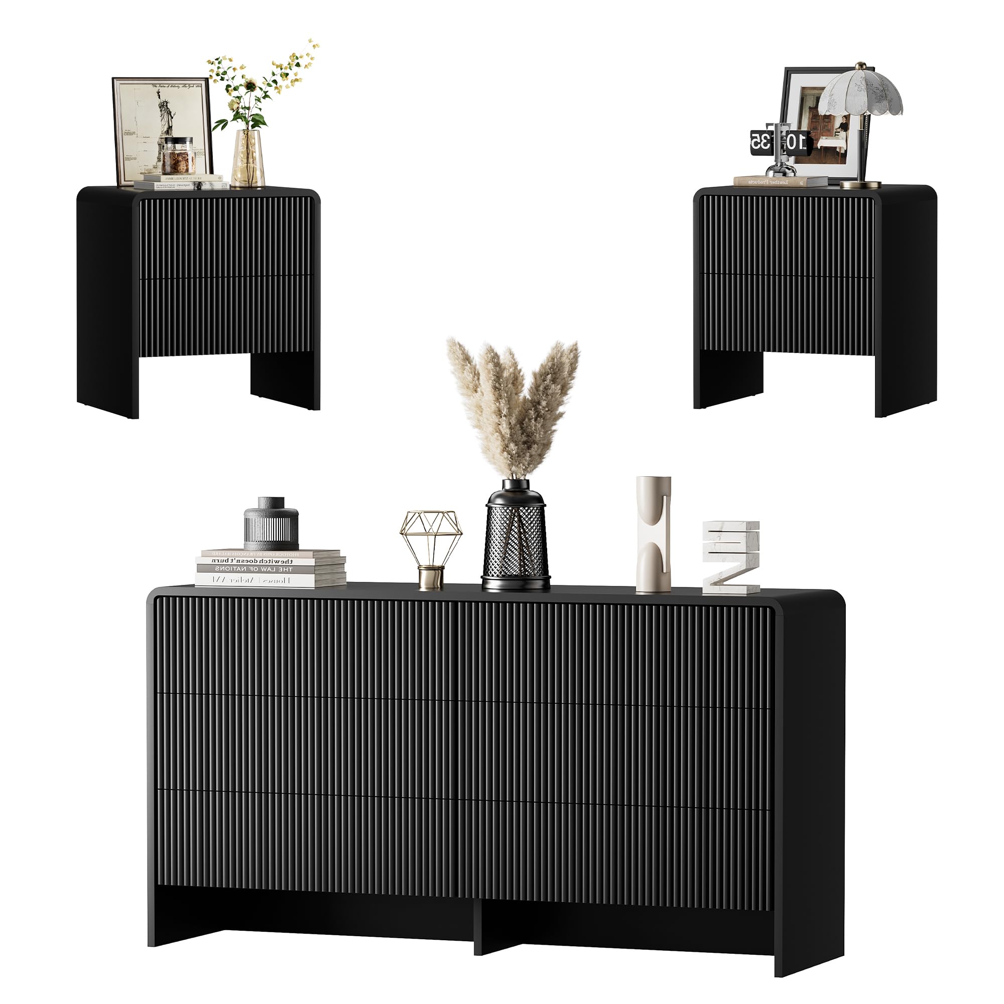 Furniway 3 Piece Bedroom Dresser Set, 6 Drawer Dresser with 2 Nightstands, Fluted Chest of Drawers with Pop-Up Design, Modern Storage Furniture for Bedroom, Living Room, Entryway, Black