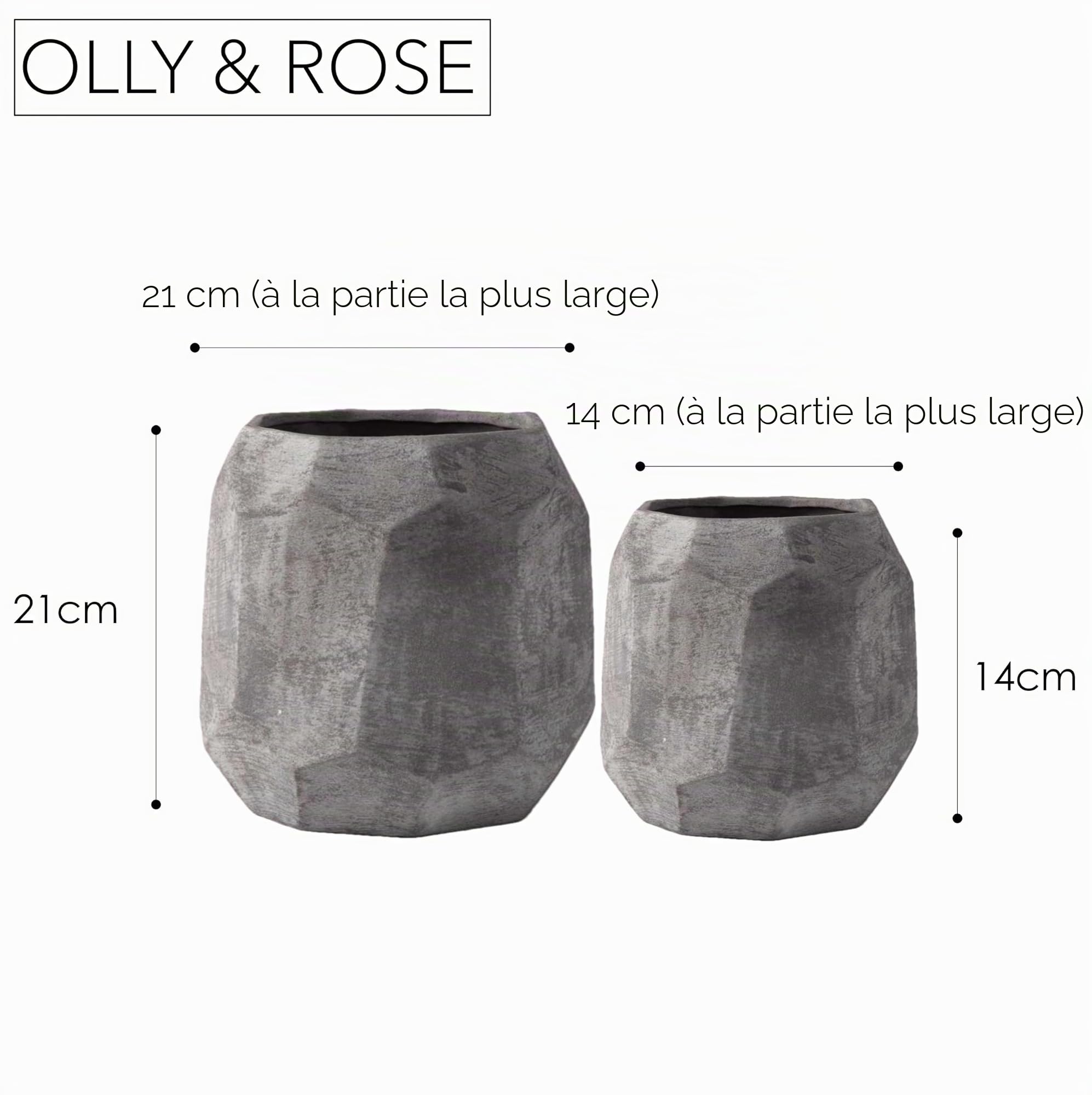 Olly & Rose Leon Lot de 2 grands pots de fleurs géométriques en céramique effet sable Gris foncé 21 cm et 14 cm de diamètre Pour extérieur et intérieur
