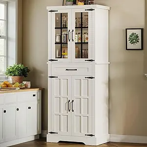 DWVO Farmhouse Kitchen Pantry Cabinet, 71" Tall Storage Cabinet with Adjustable Shelves & Glass Doors, Freestanding Kitchen Cupboard for Dining Room, Living Room, White Oak