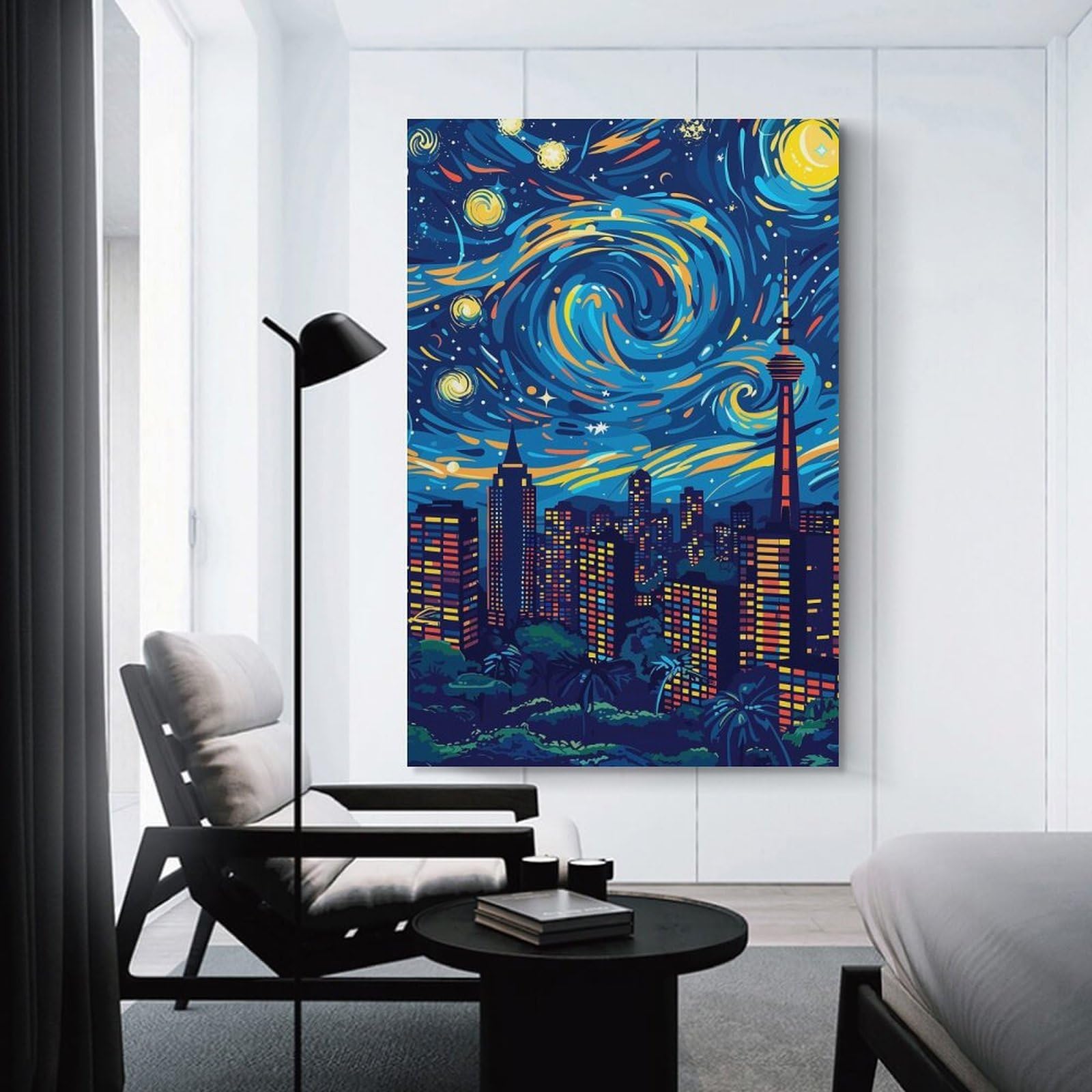 Junmoney Cityscape Under A Swirling Starry Night Home Decor Wall Art 24x36inch(60x90cm), for Restful Interiors, Bedrooms Or Small Rooms, Decorative Wall Art for Cosy Rooms
