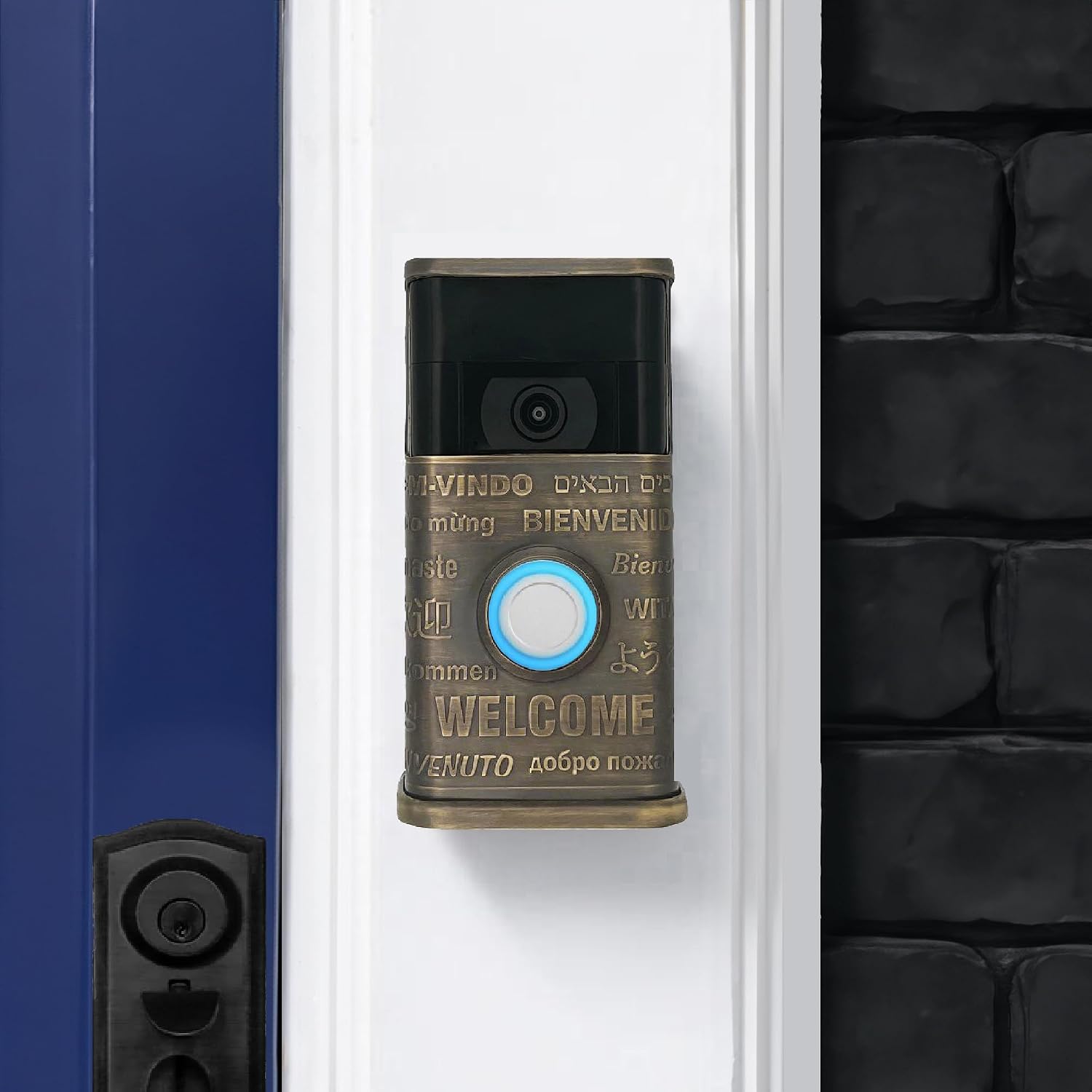 Multilingual Welcome Video Doorbell Cover (Ring 2nd Generation Compatible) (Antique Brass)