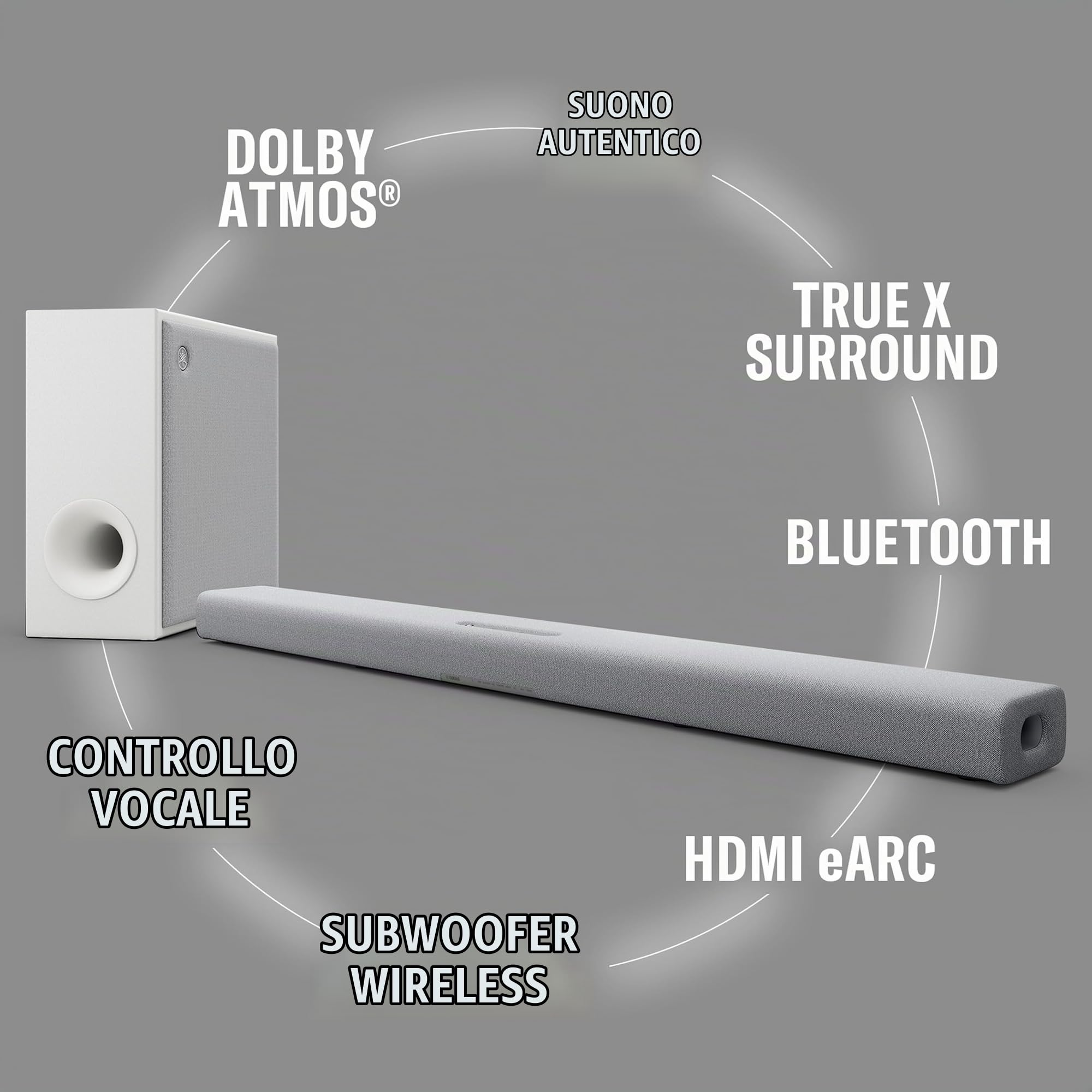 YAMAHA TRUE X BAR 50A Soundbar – Audio Surround Dolby Atmos, Alexa Integrata, Subwoofer Wireless, Clear Voice, HDMI eARC, Bluetooth, AirPlay 2, Spotify Connect – Grigio Chiaro