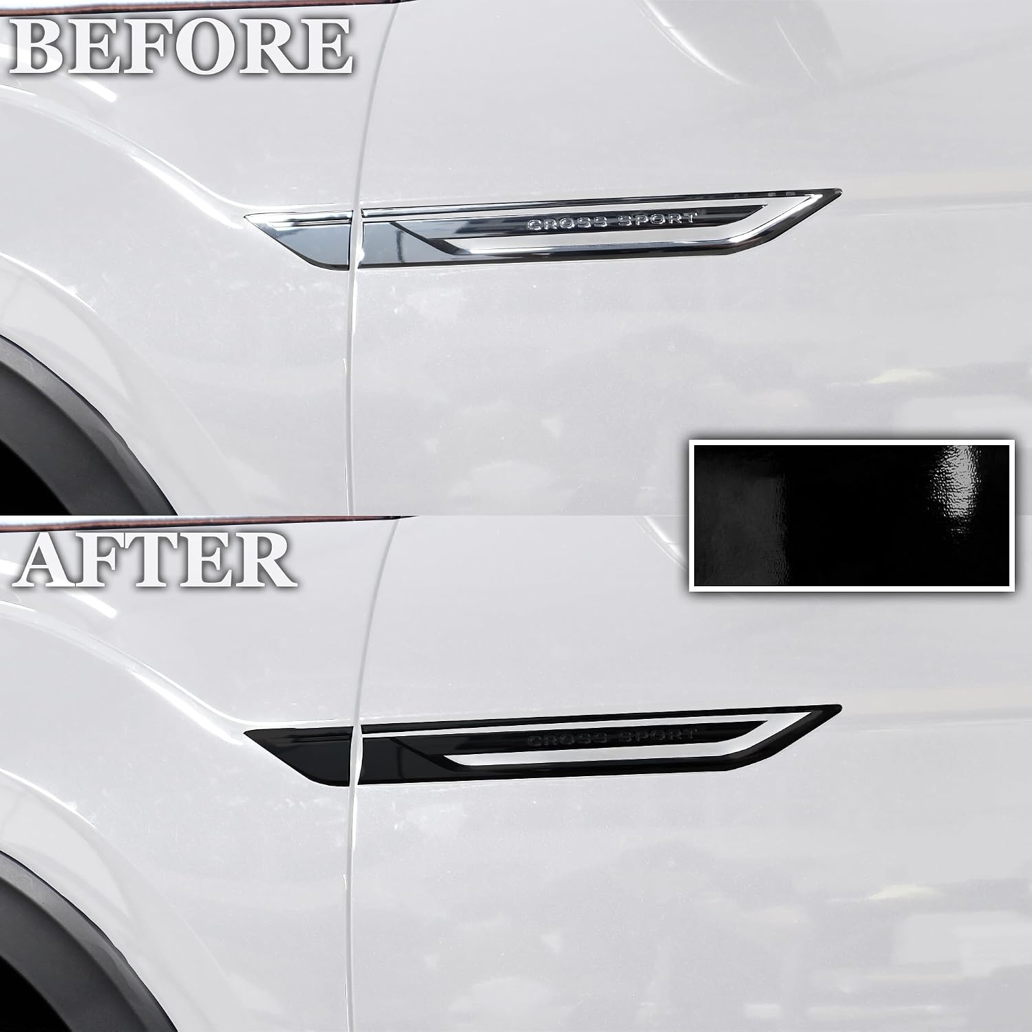 BOGAR TECH DESIGNS for Volkswagen Atlas Cross Sport 2020-2026 Side Fender Badge Chrome Delete – Precut Vinyl Trim Overlay, Gloss Black Blackout Look