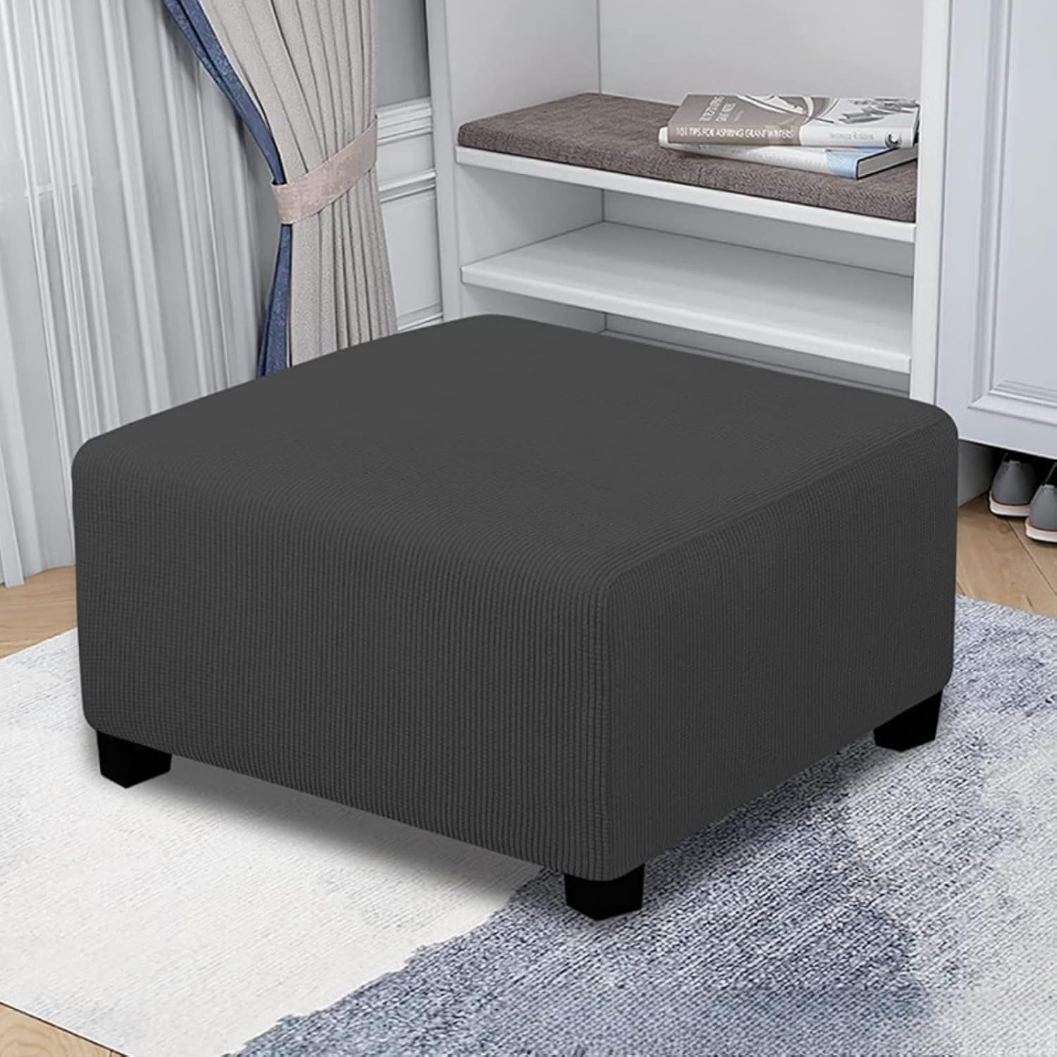 Large White Stretch Jacquard Ottoman Cover, Anti-Slip Modular Slipcover for Square Pouf, Footstool Protector, Furniture Cover for Living Room, Easy to Clean Blue Large
