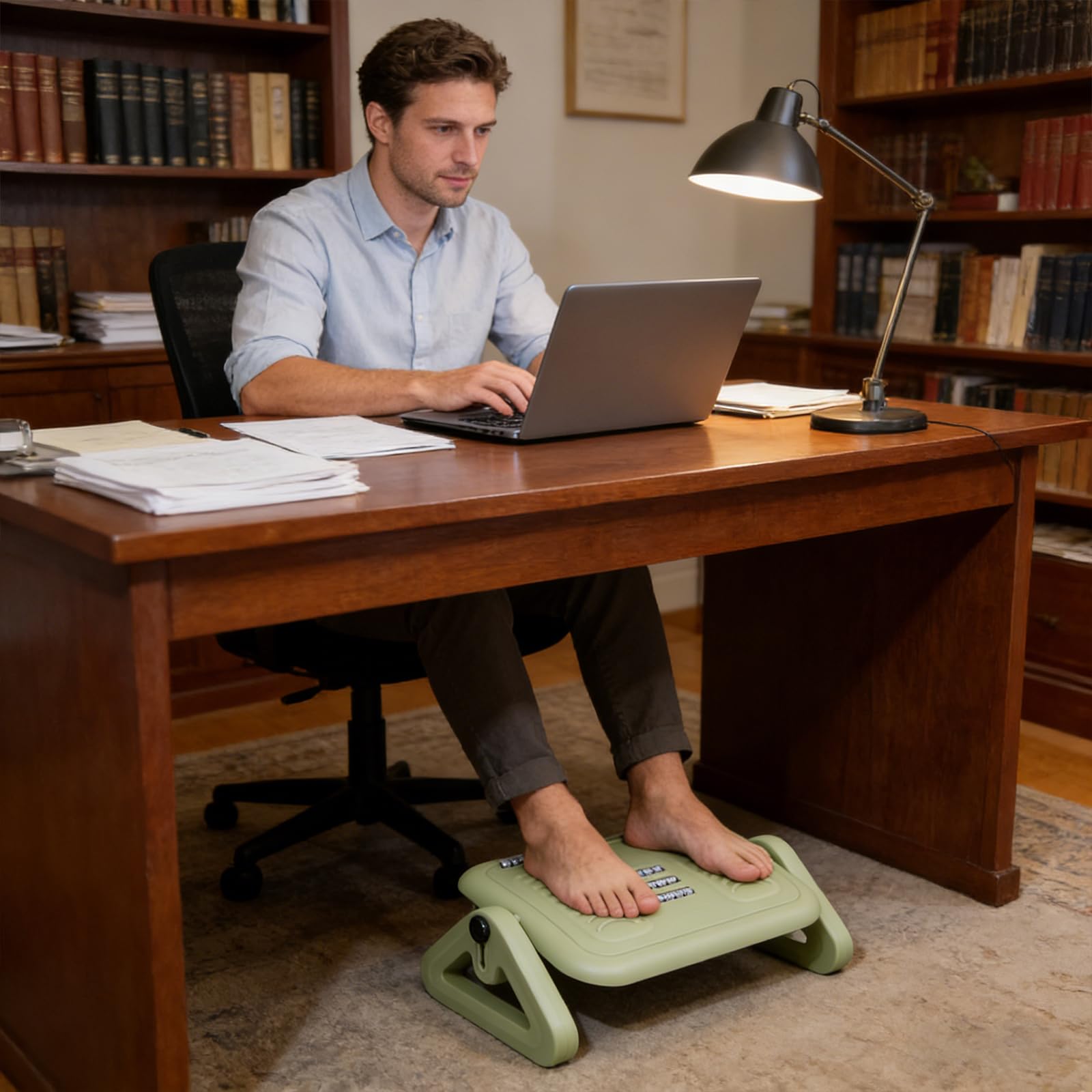 Ergonomische, höhenverstellbare Fußstütze mit Massagerollen für mehr Sitzkomfort Höhenverstellbarer, ergonomischer Fußhocker für individuellen Komfort