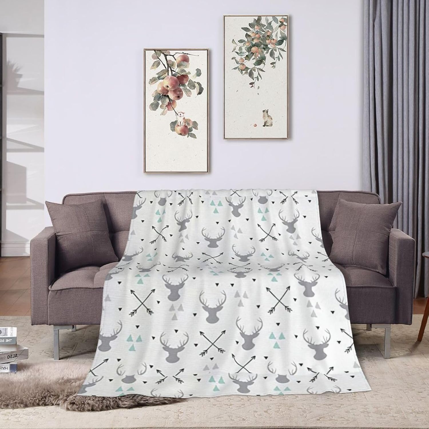 WURTON ハンティングアロー トライアングル 鹿プリント ウルトラソフト マイクロフランネル ブランケット ベッド カウチ ソフ