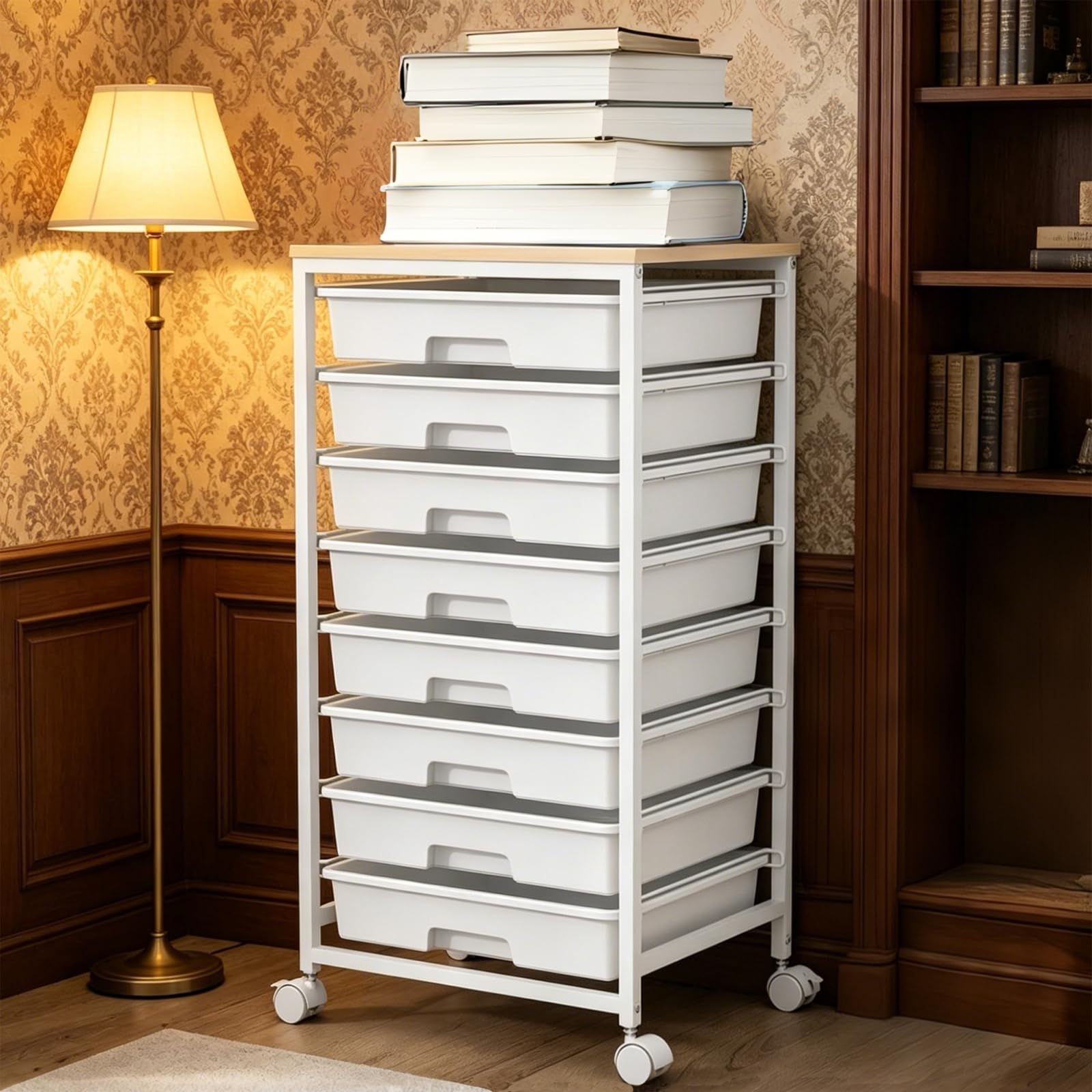 Chariot de Rangement à Roulettes avec 8 Tiroirs, Desserte à Roulettes avec Plateau en Bois, Chariot de Rangement pour Bureau, Cuisine, Salon et Chambre