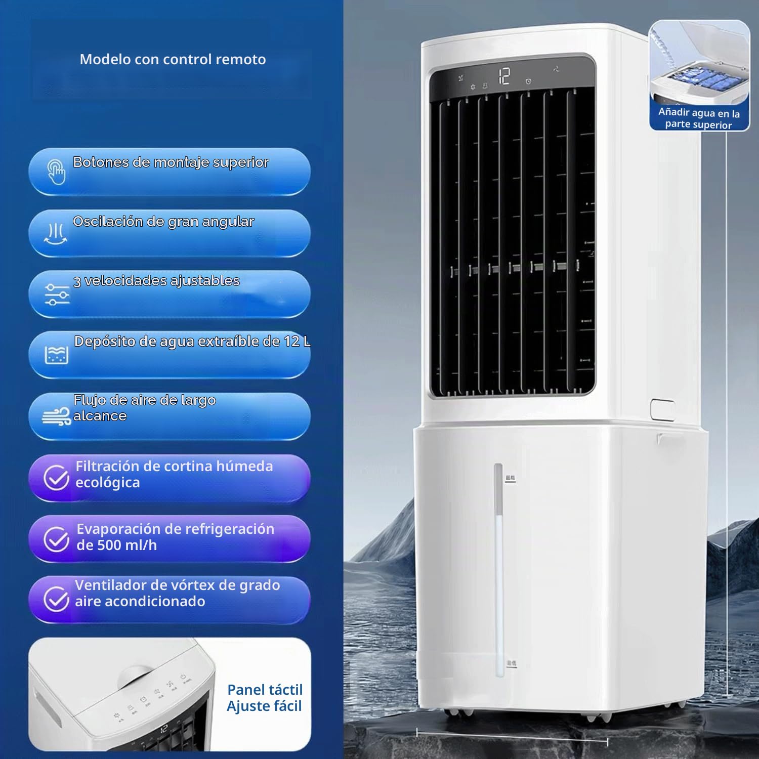 Aire Acondicionado Portátil 12 L Enfriador de Aire sin Tubo 3 Modos 3 Velocidades Climatizador Evaporativo Silencioso Temporizador de7.5 H Control Remoto Ventilador de Enfriamiento para Hogar
