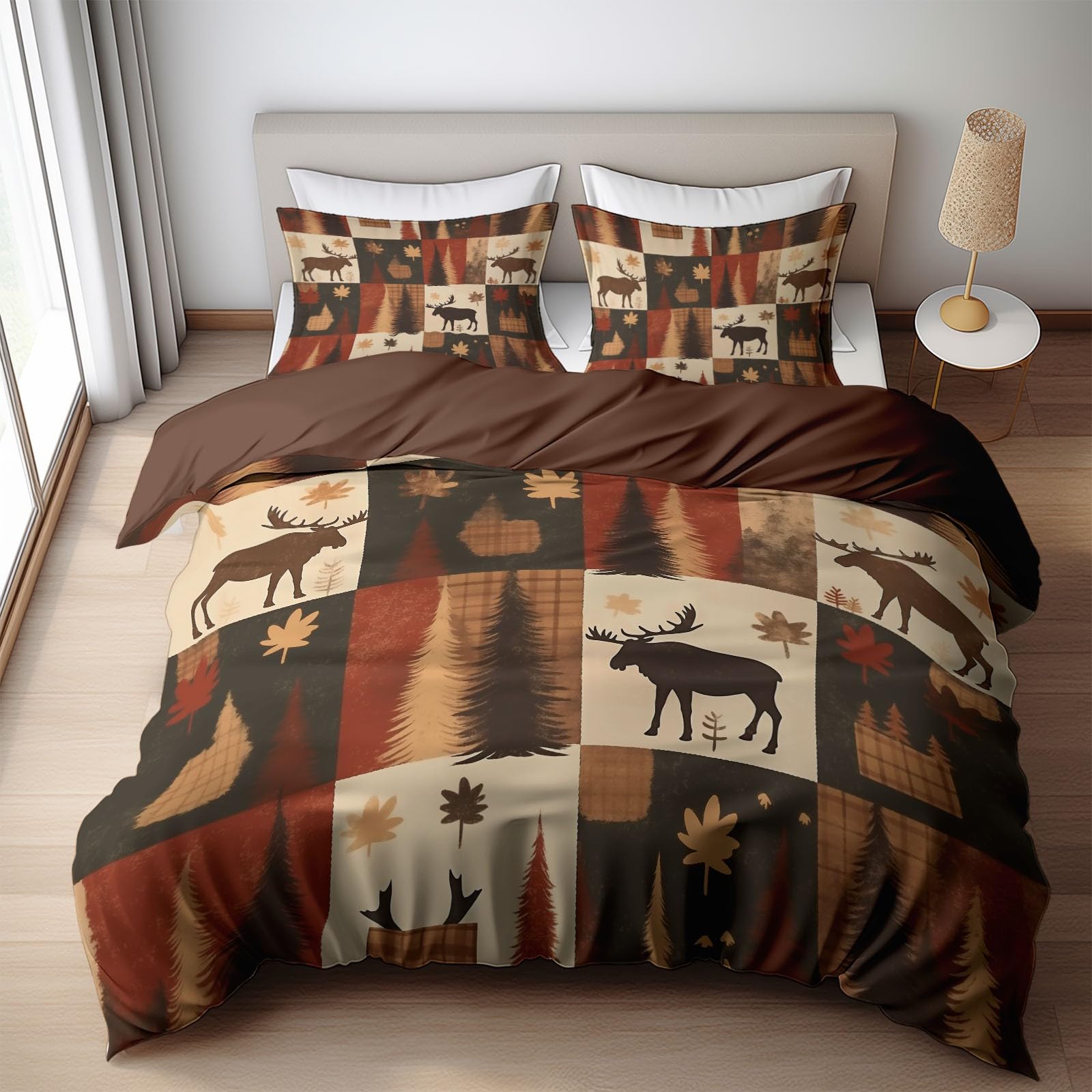 Camel Bedding Sets Forest Moose Patchwork Pattern Print Duvet Cover Set, Comforter Cover Full Size Soft Breathable Reversible 3-Piece Bedding for Kids Teens