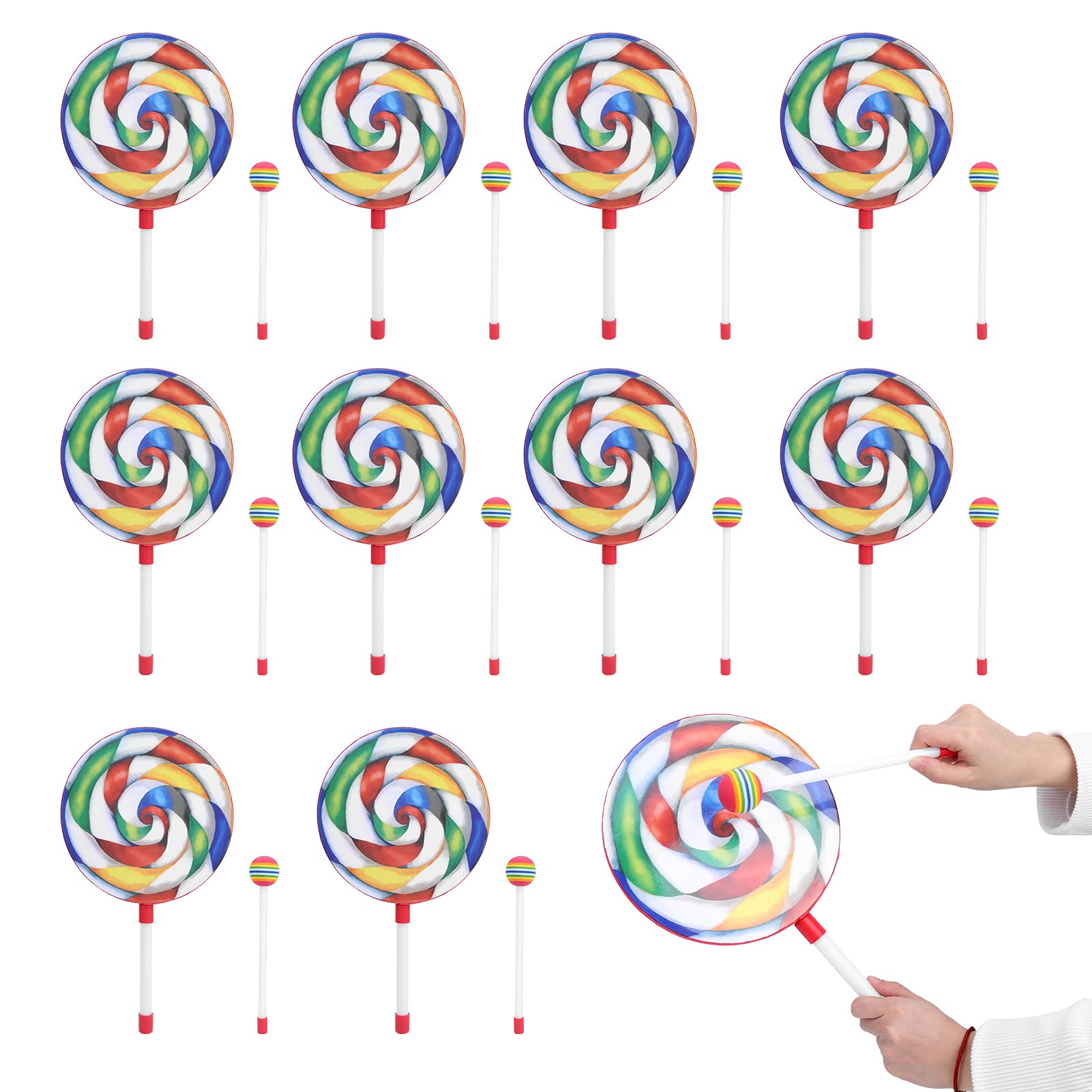Juego de Batería con Forma de Piruleta, Pandereta y Baquetas Coloridas para Niños, Instrumento de Ritmo Musical para Educación Infantil, 10 Unidades