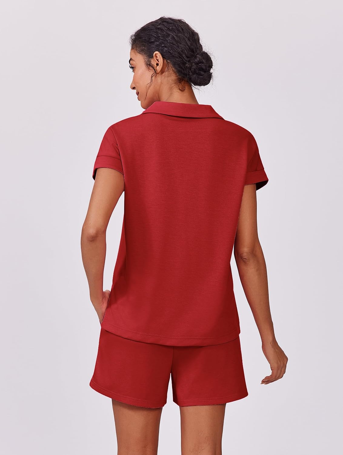 PINSPARK 2 Piece Sets for Women Summer Lounge Sets Short Sleeve Sweatsuit V-neck Tops and Drawstring Shorts Outfits Tracksuit