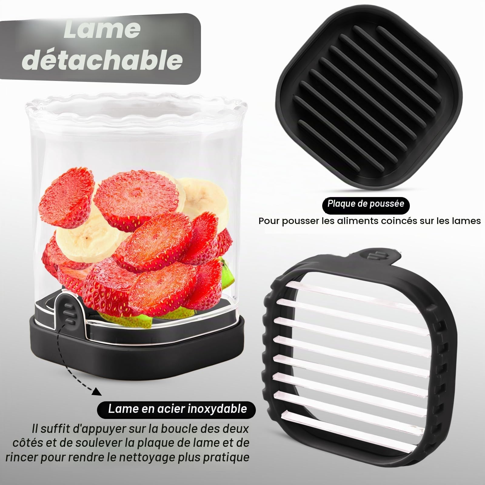 Coupe à fruits | Trancheuse à fraises | Trancheuse banane | Coupe-raisin | Trancheuse à œufs | Coupe-fruits amovible avec plaque de poussée | Gadget de cuisine créatif (noir)