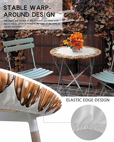 Miniatura 5 de Mantel redondo ajustado de calabaza de acuarela de otoño, mantel de lino vintage con borde elástico, impermeable, mantel circular de hojas verdes de