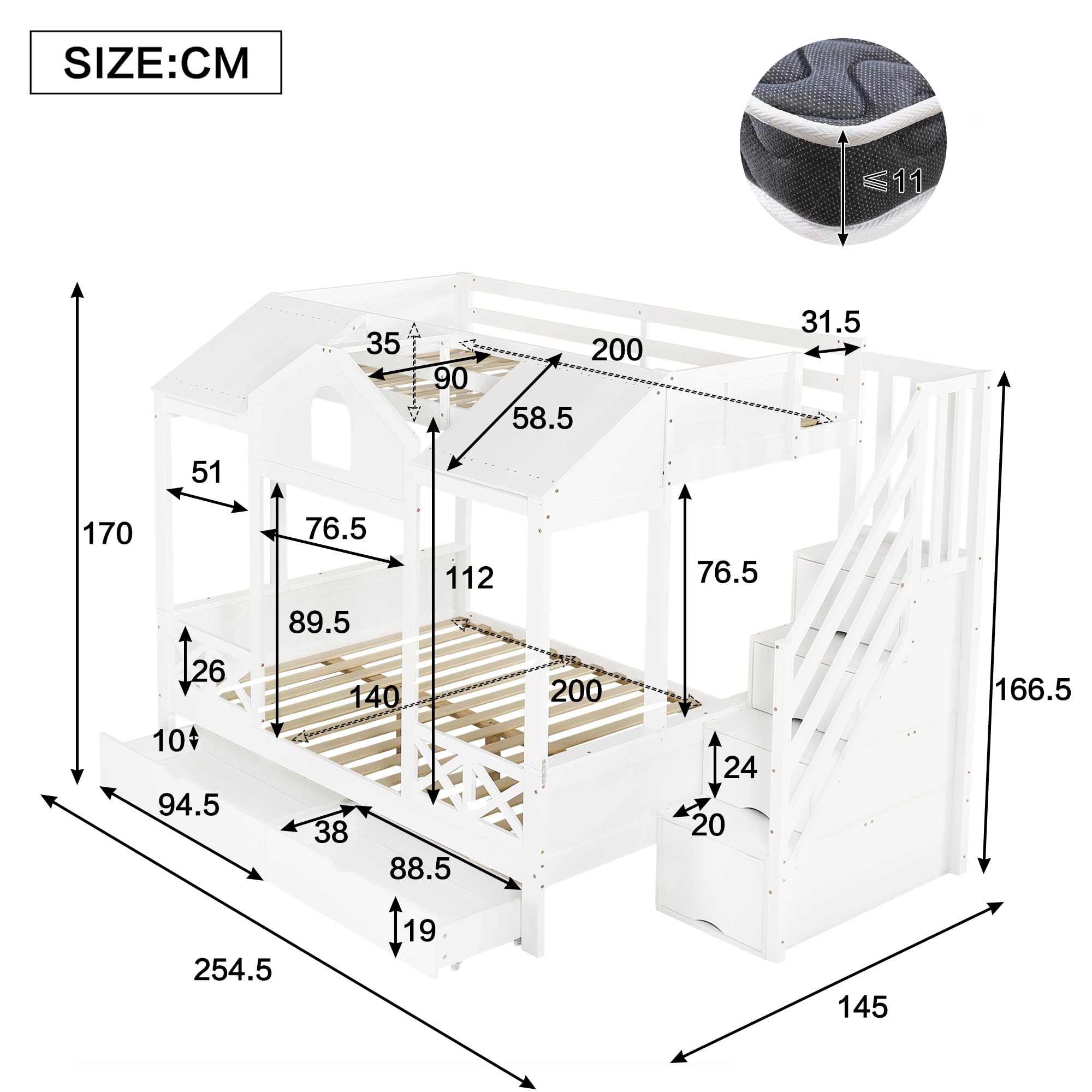 Letto a Castello per Bambini 90x200cm e 140x200cm, Letto Matrimoniale con Scala Contenitore e 2 Cassetti, Belle Finestre e Tetto, Strutture letto in Pino, Bianco(Senza materasso)
