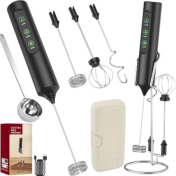 Rechargeable Milk Frother Handheld, 3-Speed Electric Frother Wand with 3 Whisk Heads, Stand & Storage Case, for Latte, Cappuccino, Matcha & Hot Chocolate Black