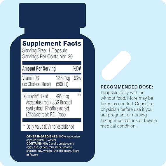 Enzyme Science Telomere Pro | Supports Cellular Health, Energy Production, and Healthy Aging | Formulated with Vitamin D3, Rhodiola and Astragalus | Natural Telomerase Supplement, 30 Servings