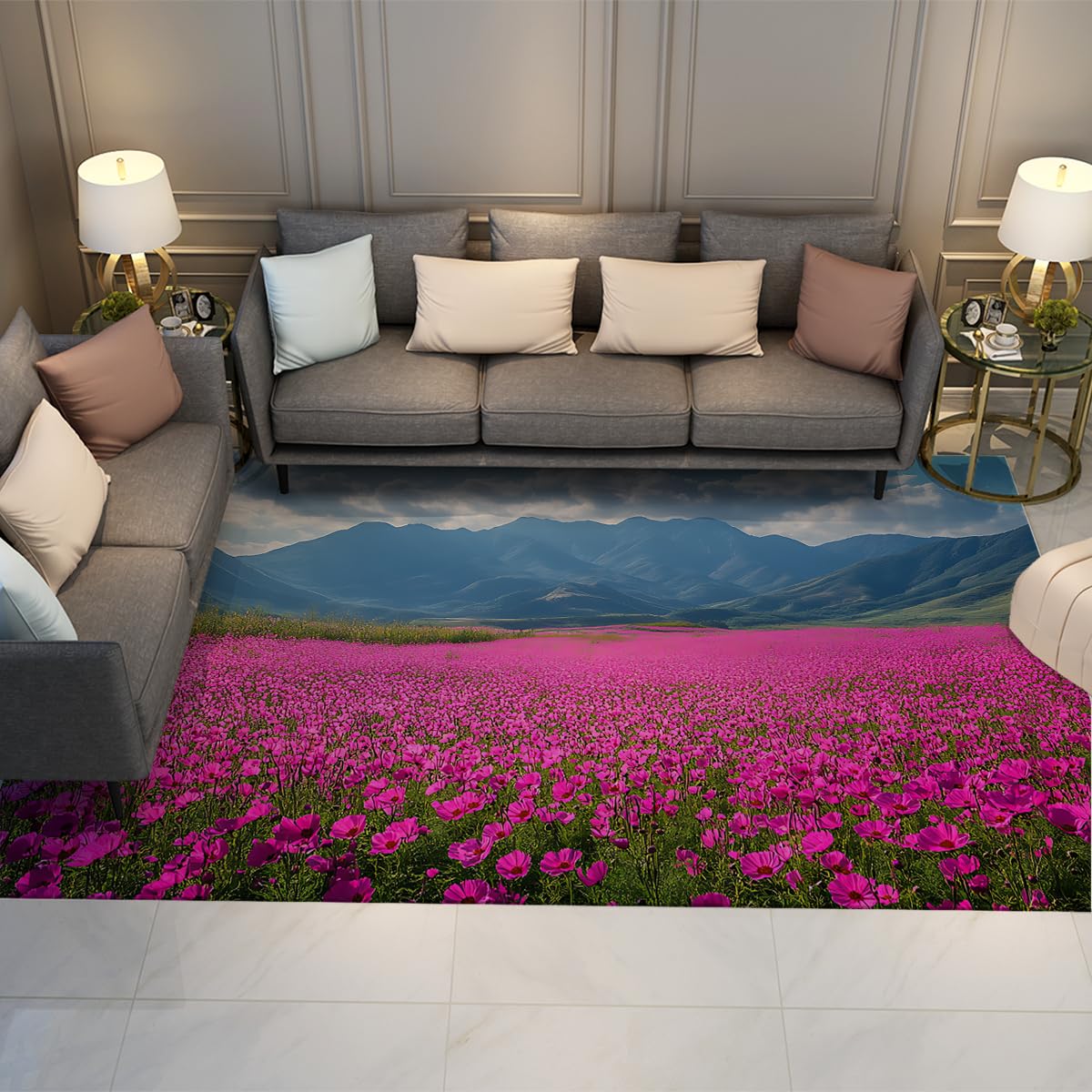 Tapis de chambre violet motif floral 60x120cm pour créer un salon cocooning