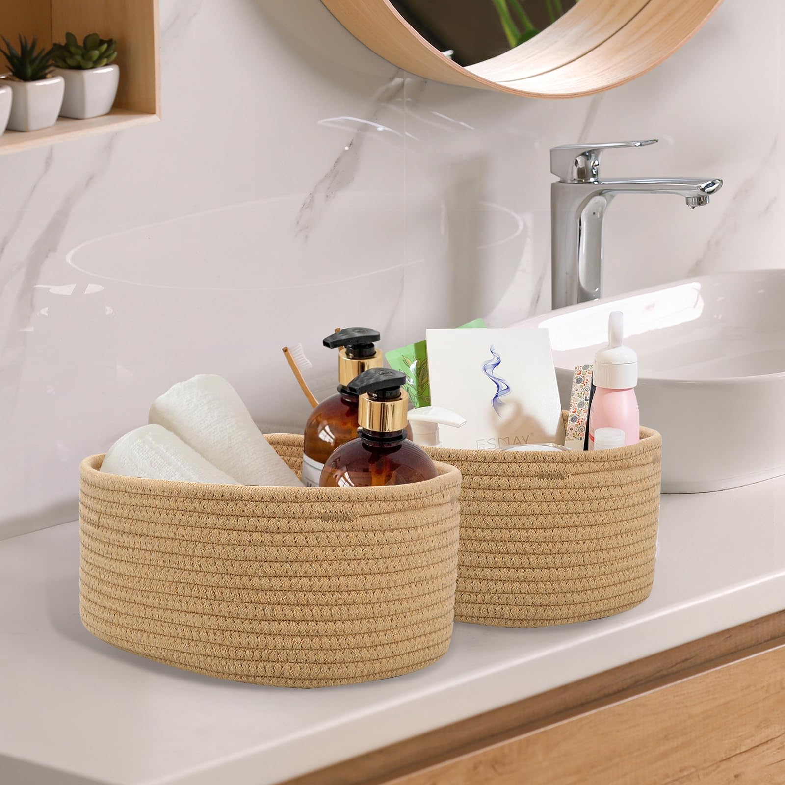 Lot de 5 Panier Rangement, Panier de Rangement,Salle de Bain Corbeille Enfan, Corbeille Rangement pour Salle de Bain, Cuisine, Organisateur Empilables à Usages Multiples(Jute)