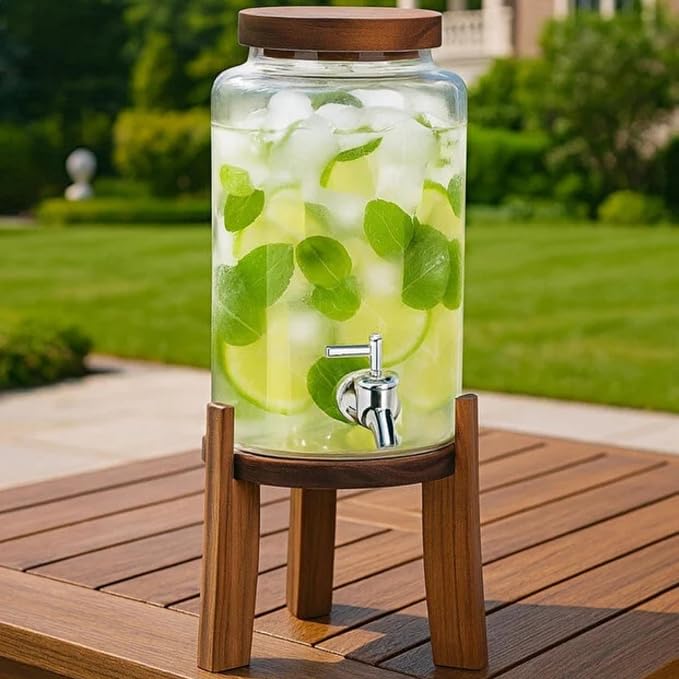 Akasya Standlı Cam Sebil 5L Musluklu Soğuk İçecek Dispenseri Limonata, Detoks Suyu, Meyve Aromaları