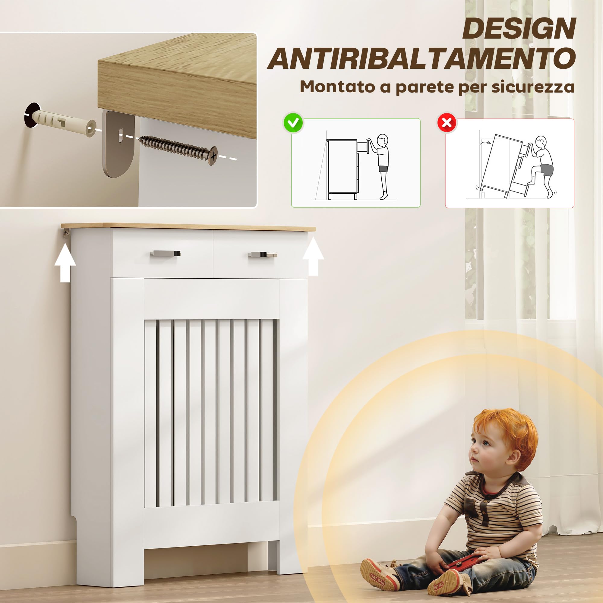 HOMCOM Copri Termosifone Moderno a Doghe Antiribaltamento con Cassetto Portaoggetti, Copritermosifone in Legno per Soggiorno, Corridoio e Ufficio, 78x19x97 cm, Bianco
