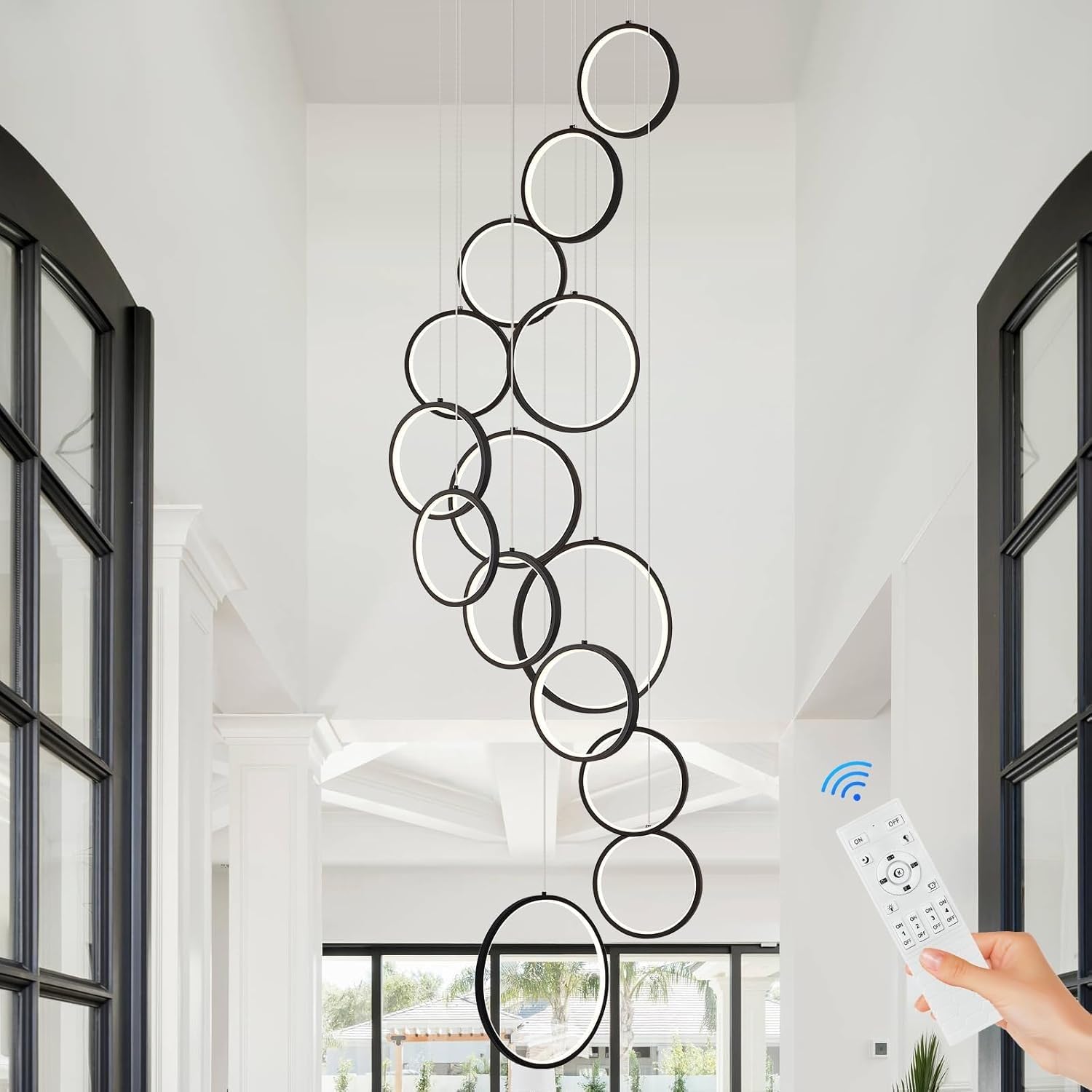 CNMKLM Modern Dimmable LED Pendant Light, Creative Circle Ring Design Hanging Lamp for High Ceiling,Adjustable Height Hanging Ceiling Lighting for Entryway Staircase Living Room(Black,14 Ring)