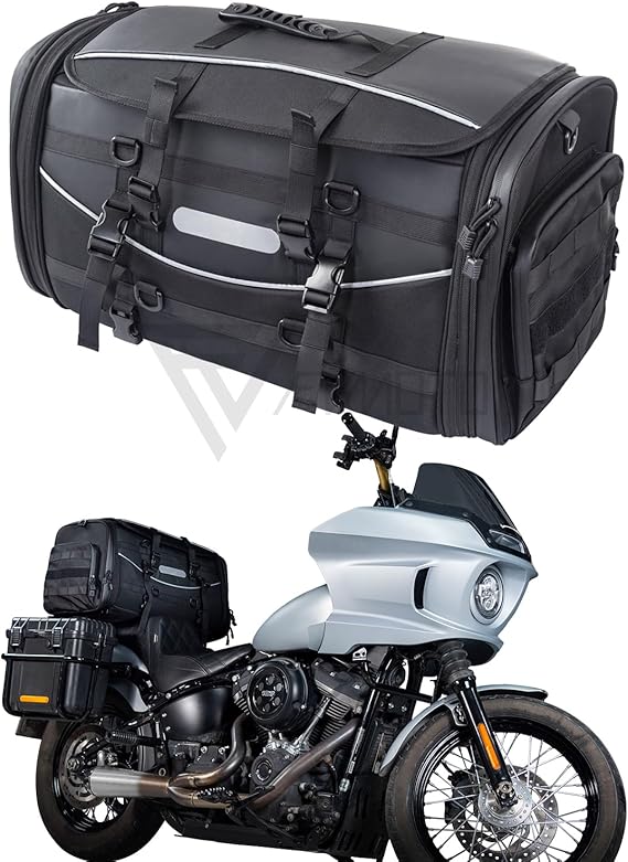Expandable Motorcycle Sissy Bar Bag – 30-48L Waterproof Tail Bag, Adjustable Shoulder Strap, Fits Most Bikes