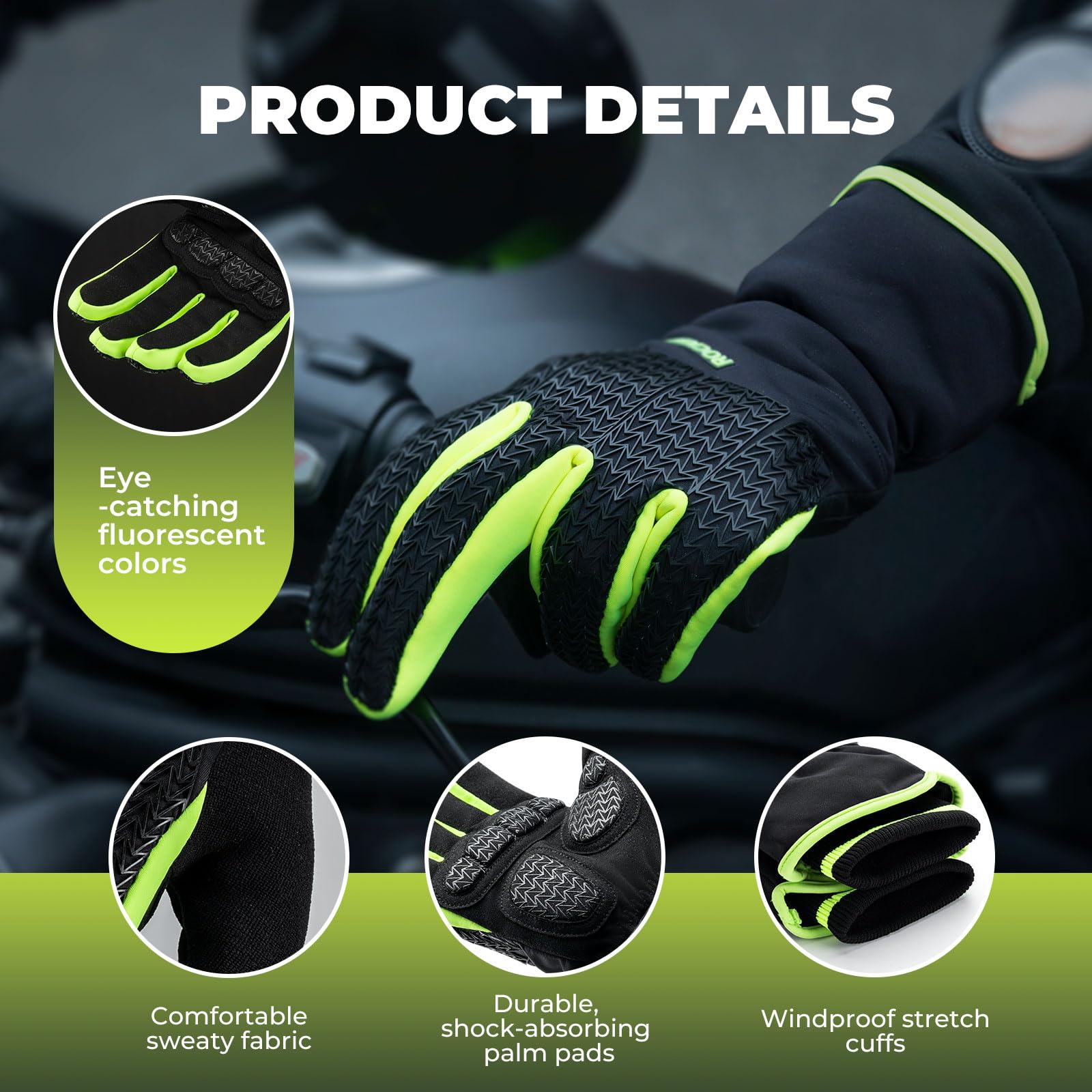 ROCKBROS Guanti Invernali Termici Thinsulate, Guanti da Ciclismo Sci Corsa Uomo Donna, Touch Screen, Antivento Caldo, Palmo Antiscivolo, Nero Verde