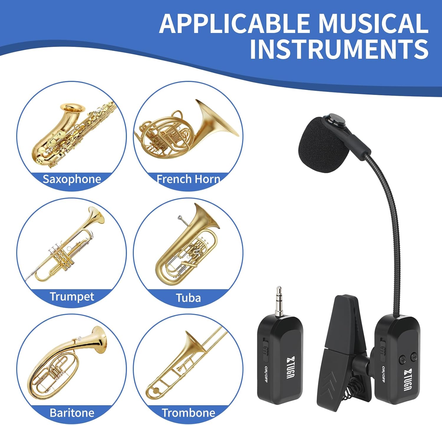 XTUGA Wireless Saxophone Microphone 2.4G Rechargeable System Clip-On Instrument Mic, 8 Hours Battery Transmitter Receiver for Saxophone, Trumpet, Trombone Brass (KX-721)