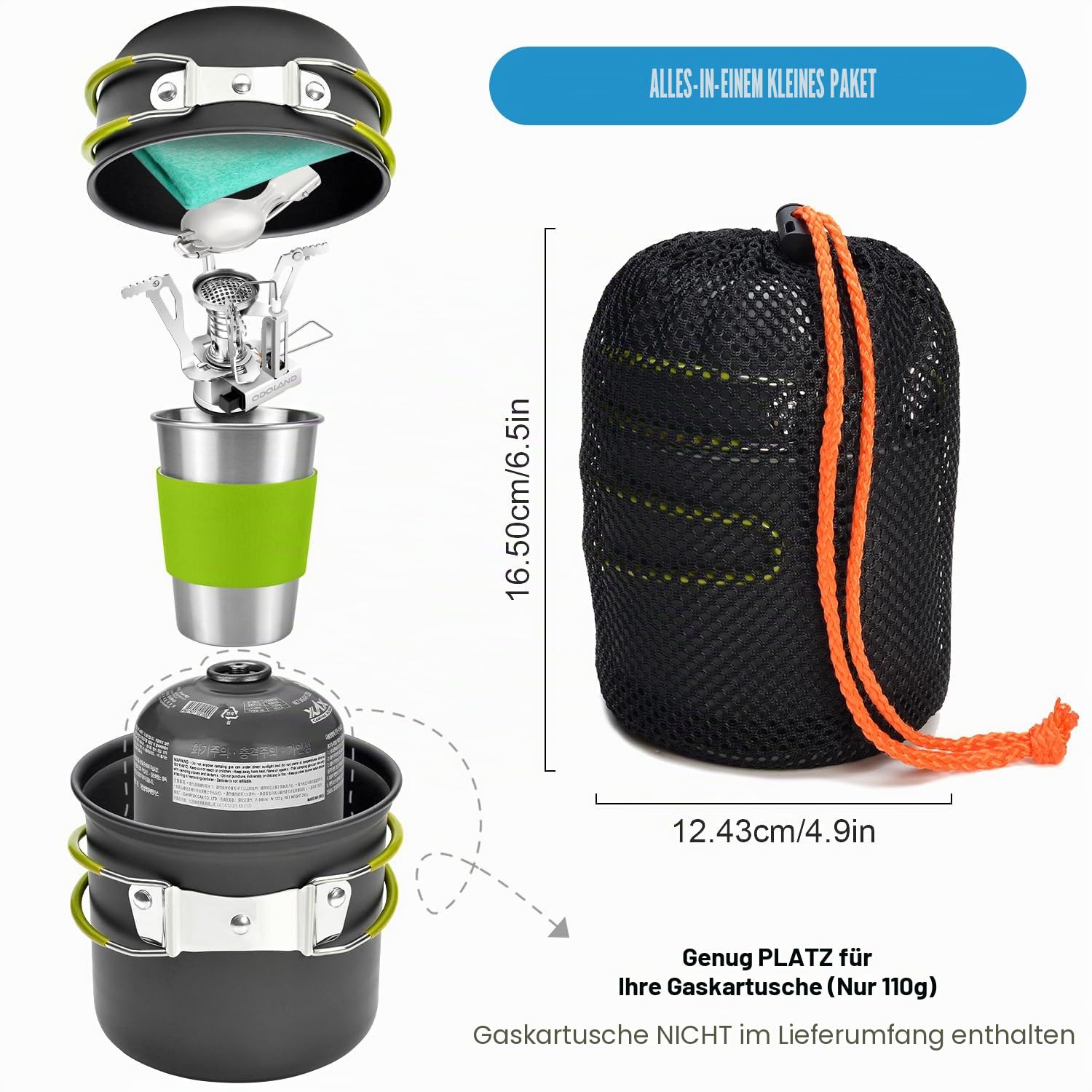 Odoland Camping Geschirr Set 10-teiliges Outdoor Kochgeschirr Aluminium Camping Töpfe Becher Faltbare Besteck Mini Campingkocher für Outdoor Picknick Wandern