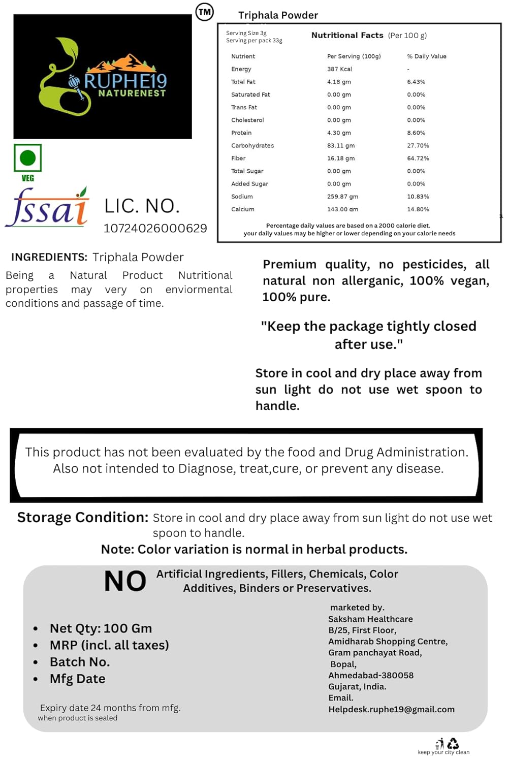 Organic Tripla Powder - 100 grams | 100% pure, natural and vegetarian. Amla, Hartaki and Bibhitaki Blend | Herbal digestive support and detox