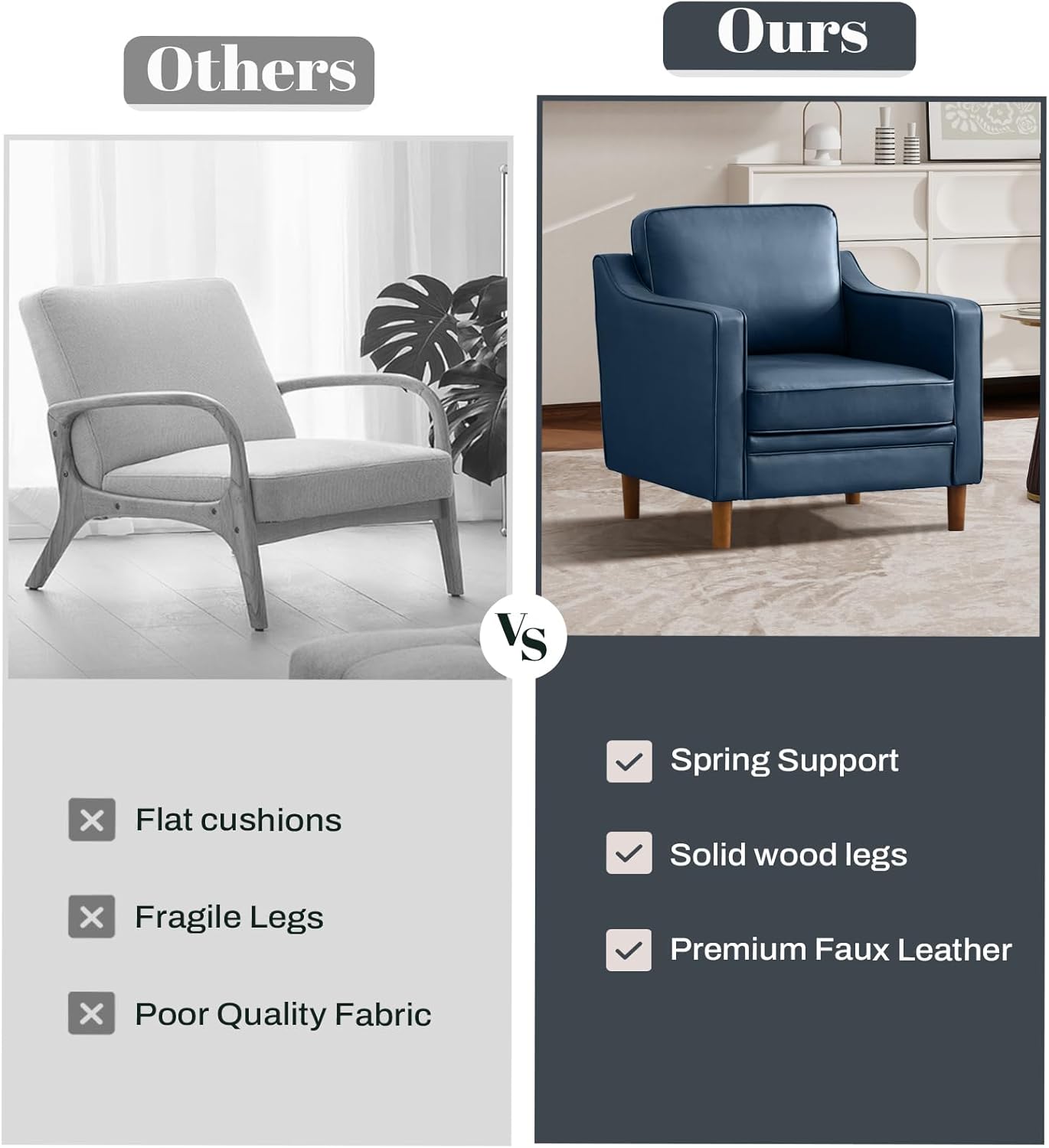 Kingfun Accent Chair Set of 2, Living Room Chairs, Faux Leather Reading Armchair, Mid Century with Solid Wood Foot, Upholstered Modern Decor for Bedroom, Apartment, Blue