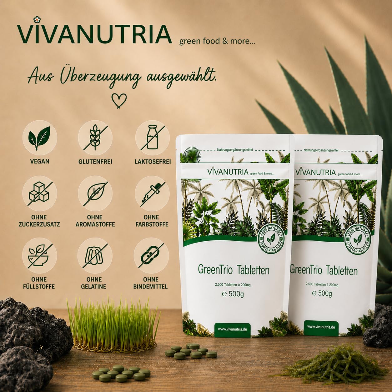 VivaNutria Green Trio Presslinge 1000g | aus kontrolliertem Anbau I 5000 Tabletten aus Spirulina Chlorella & Gerstengras ohne Zusätze I schonend verarbeitet und Rohkostqualität I vegan