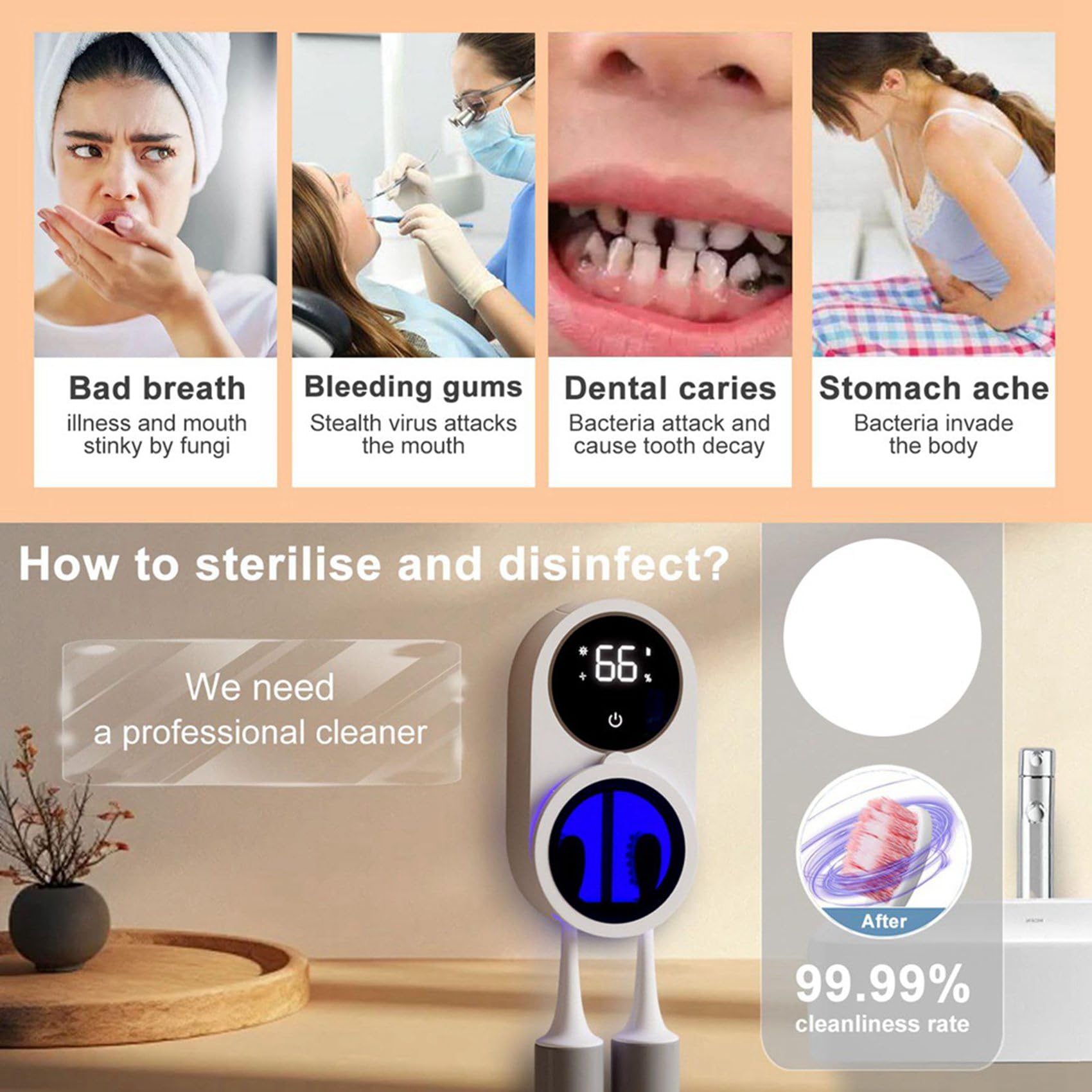 2X Montado en la Pared Titular del Cepillo de Dientes y Limpiador Inteligente de Limpieza de la Luz y Ventilador de Secado Automático Cubierta Giratoria Cepillo de Dientes Caso