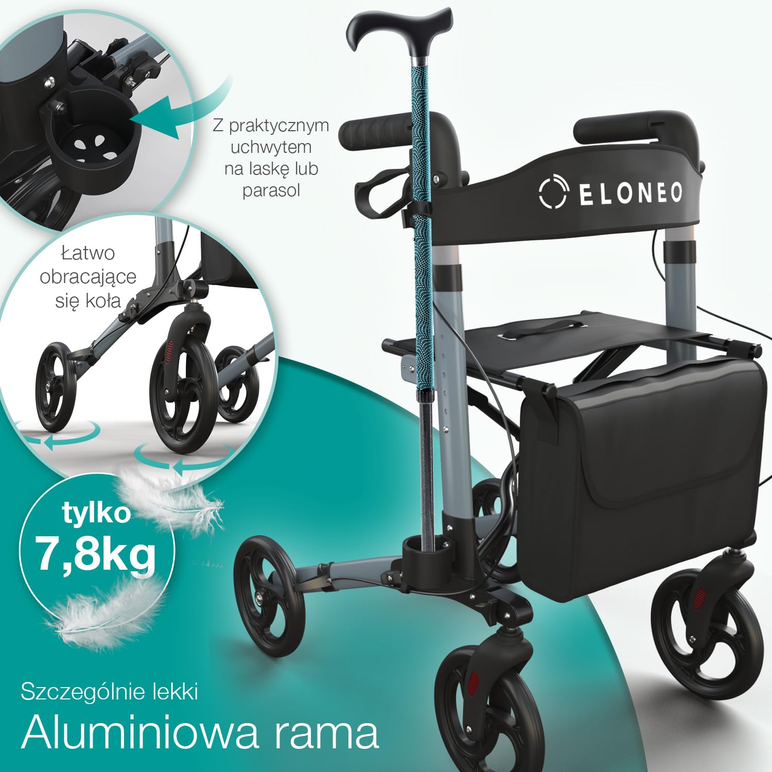 ELONEO Lekki rollator z siedziskiem, 8-stopniowa regulacja wysokości, 3-krotnie składana pomoc do chodzenia z torbą i uchwytem na parasol, mieści się w samochodzie (Antracyt)
