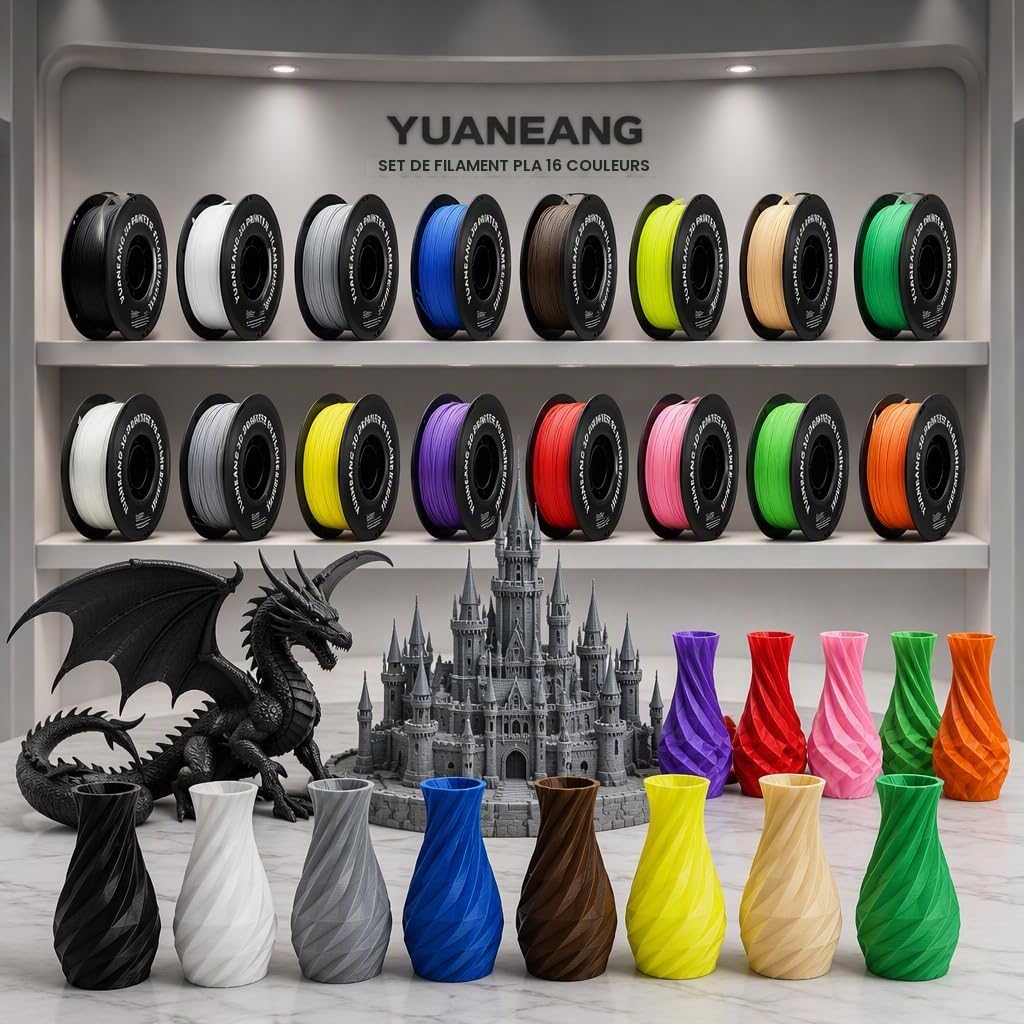 Lot de filaments PLA pour imprimante 3D, filament PLA unicolore, 1,75 mm, pour la plupart des imprimantes 3D FDM, 1 kg x 16 bobines