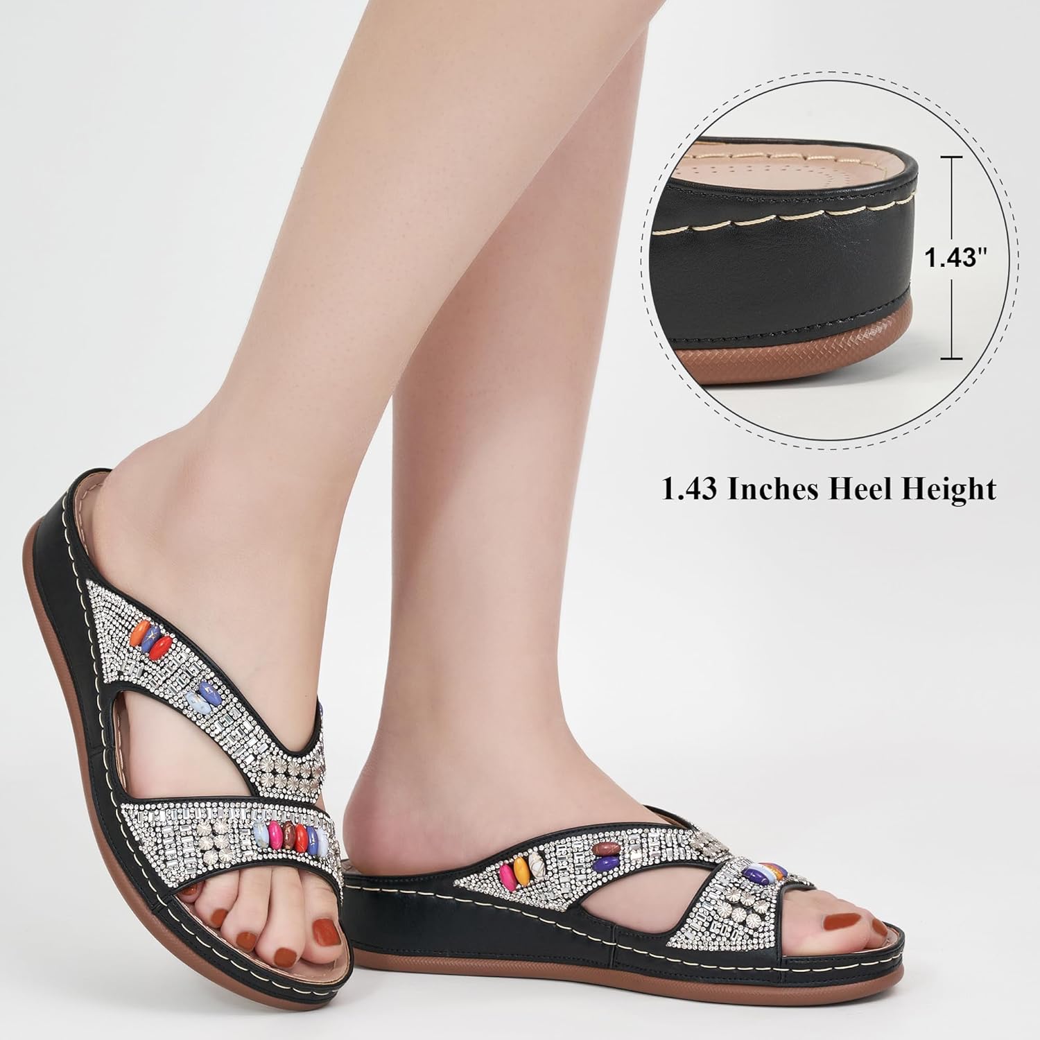 Ecetana Womens Sandals Wedge Slides Dressy Summer Rhinestone Beaded Bohemian Platform Comfortable Casual Shoes