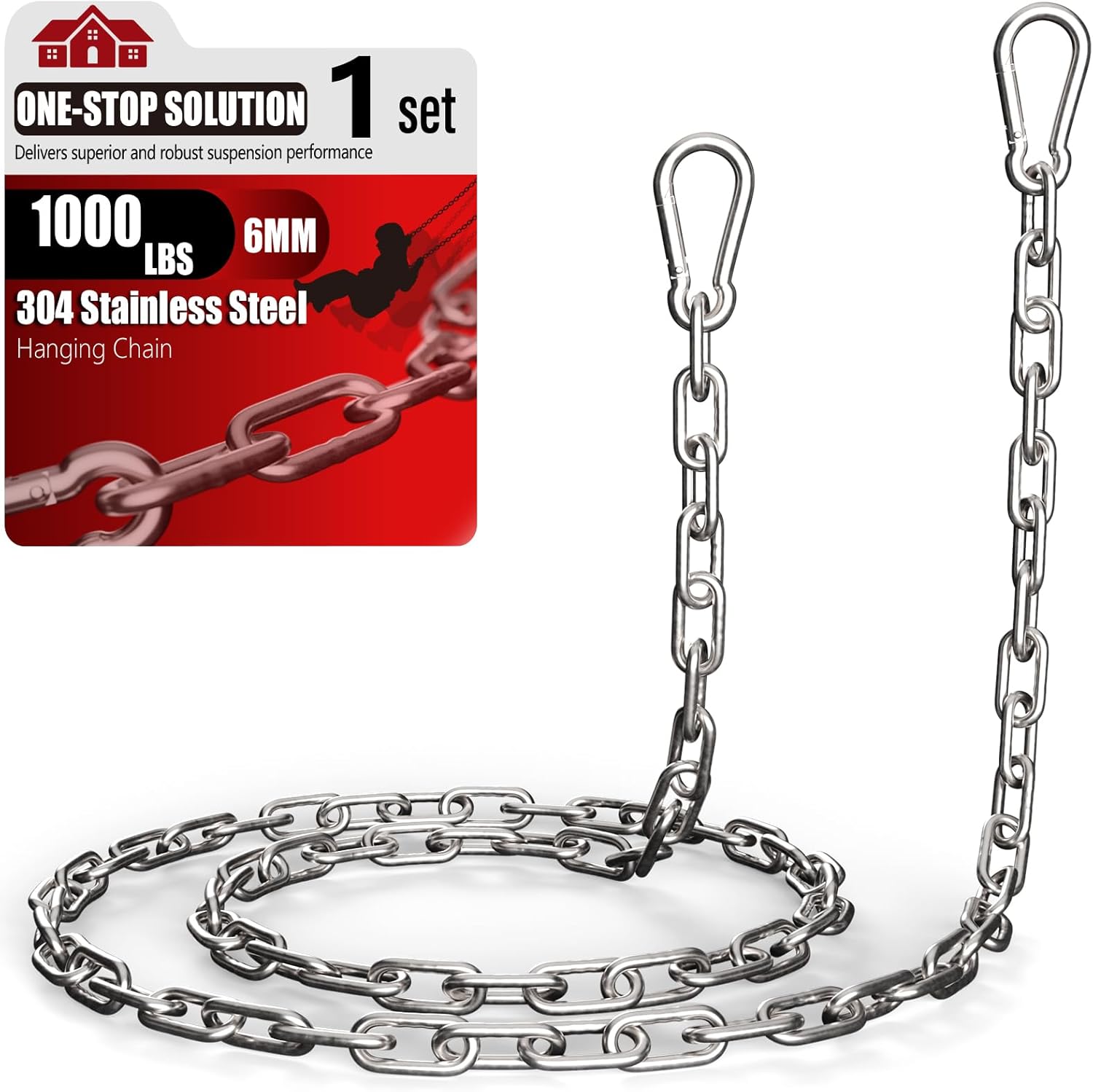 25" Hanging Swing Chain,1000 lb Capacity,6 mm 304 Stainless Steel | Hardware Kit with 2 Carabiner for Hammock Chair, Porch Swing, Punching Bag, Aerial Yoga, Tire Swing, Gym, Tree,Indoor,Outdoor
