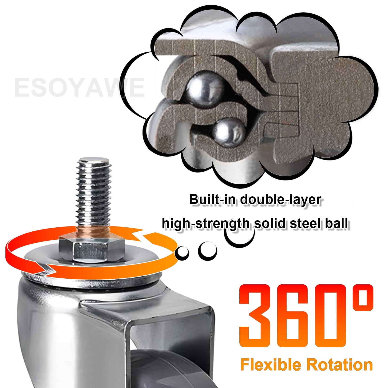 Schwerlast-Polyurethanrollen, 4er-Pack, Ø 6 mm (2,5 Zoll), mit Bremse, M12-Gewinde, Keine Spuren und leise, industrielle Transportrollen, Ersatz-Möbelrollen