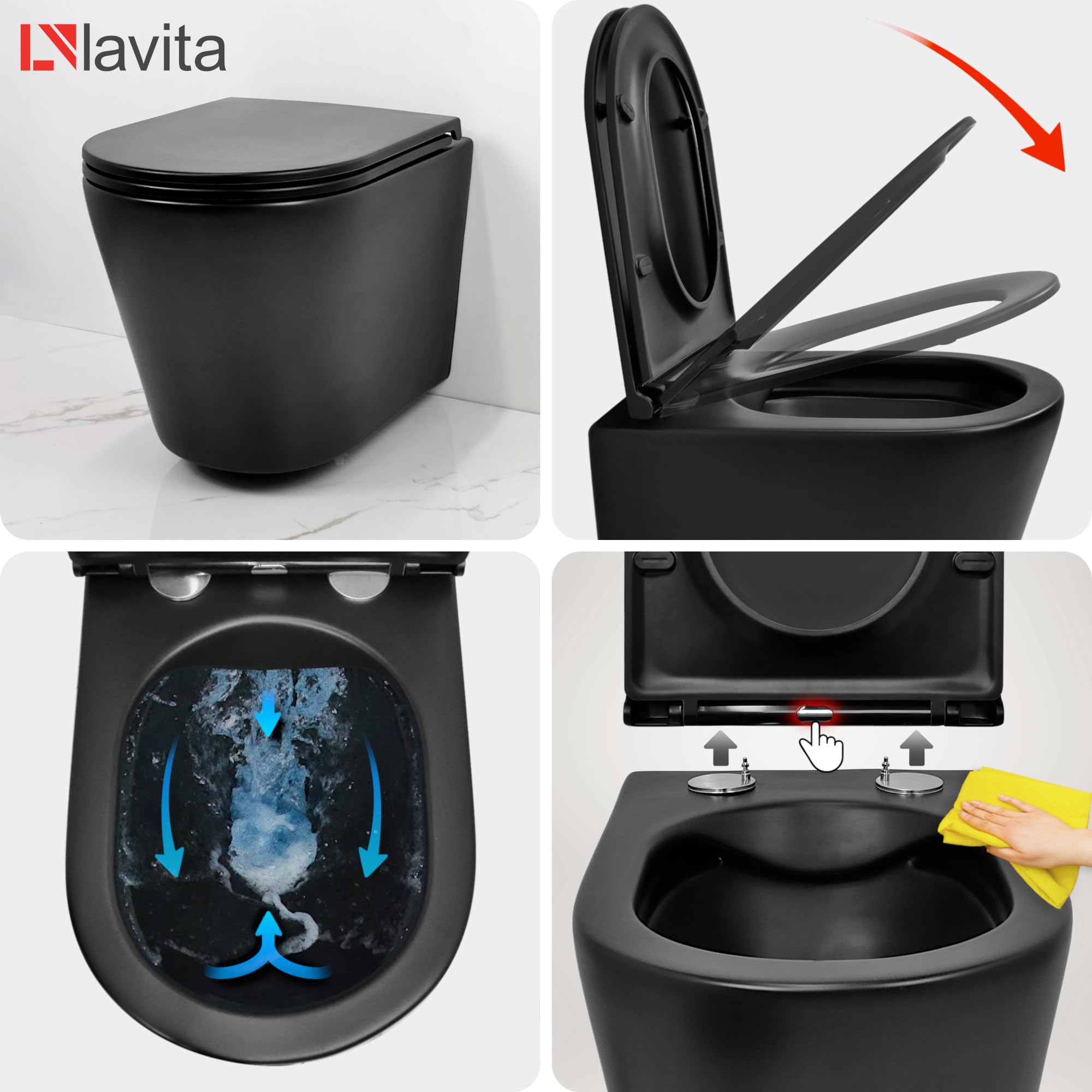 Lavita LAV 101 Vorwandelement für WC 40cm + Wand Hänge Tiefspül WC GALVE Schwarz Spülrandlos + Bedienplatte LAV 200.3.5 Gold | Komplettset | Unterputz Spülkasten | Toilette Komplett Sett