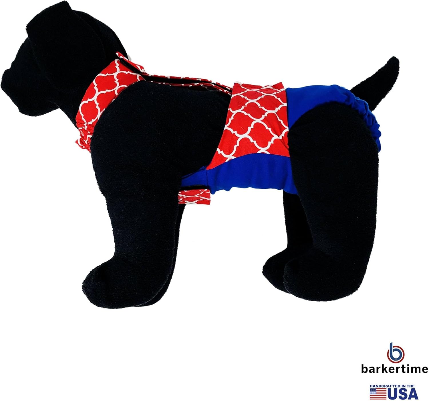 Red Quatrefoil on Blue Dog Diaper Overall, XS, Without Tail Hole - Made in USA