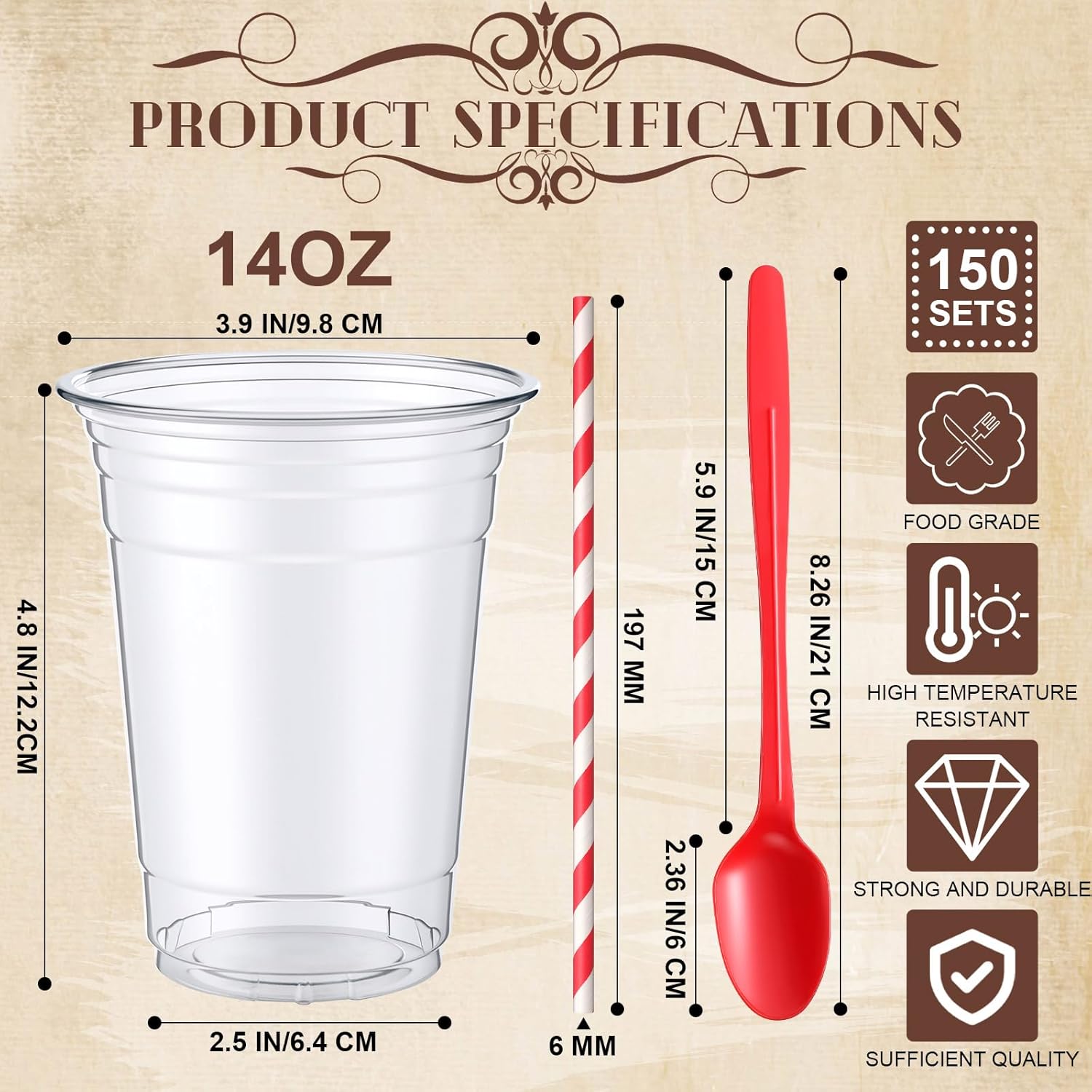 450 Pcs 14 oz Plastic Parfait Cups with Red Soda Spoons and Paper Straws, Plastic Root Beer Float Cups Disposable, Clear Milkshake Mugs Party Supply