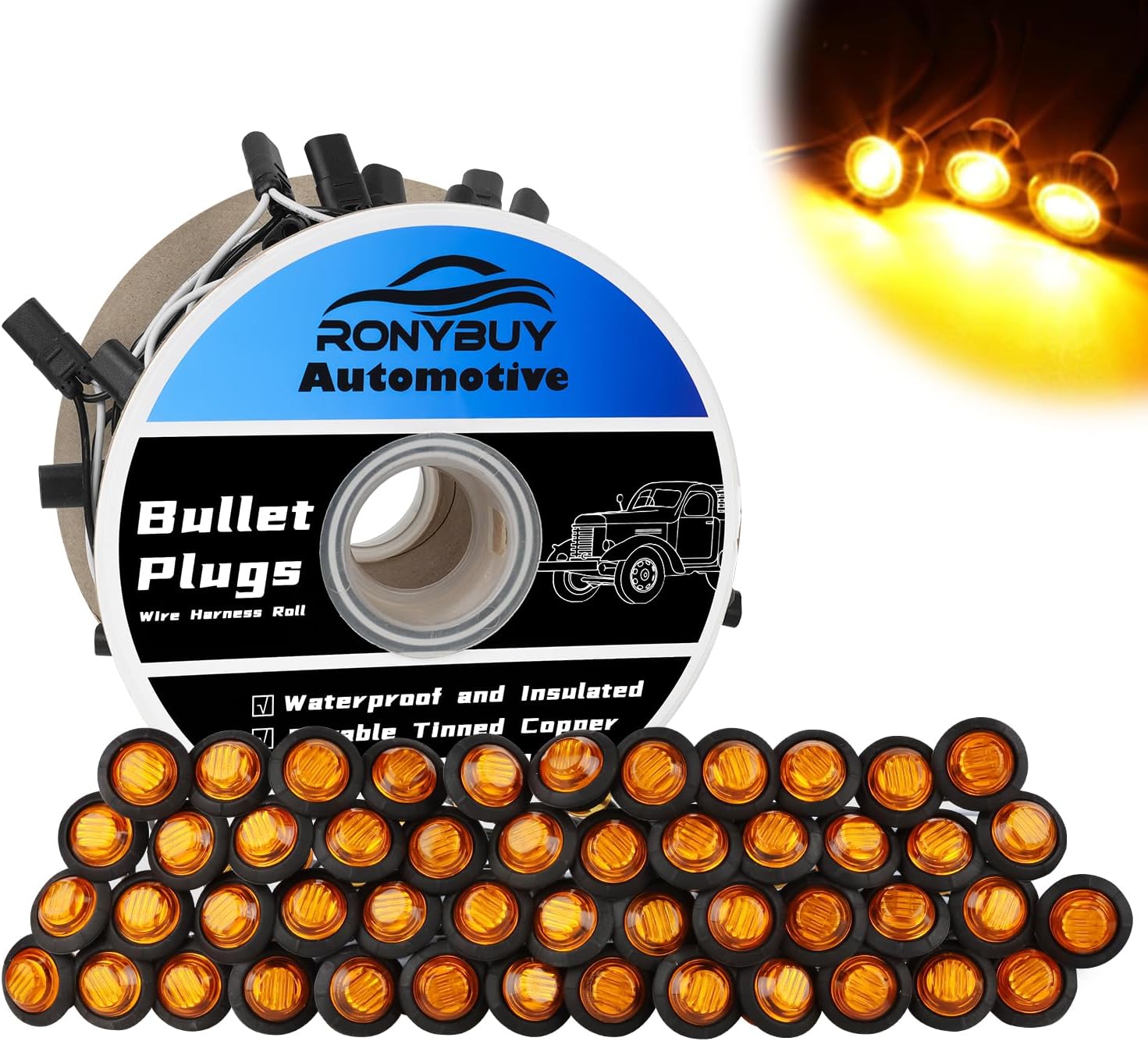 20 Pcs 3/4" Amber LED Marker Lights with Connector Plug + Double Female 2 Prong Wire Harness Roll, Clearance Lights LED Side Marker Lights for Truck Trailer RV Pickup Semi-Trucks Plug and Play