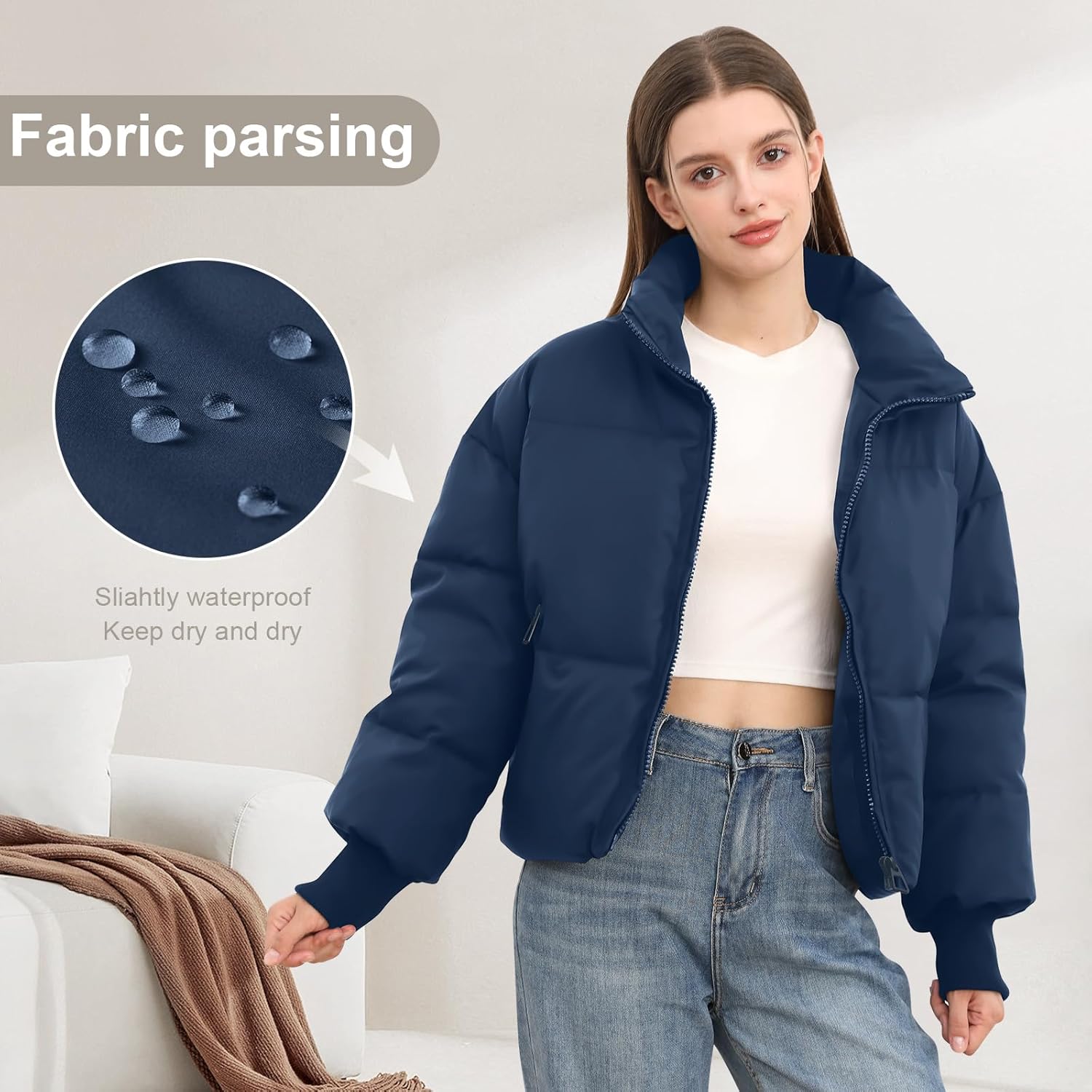 Women’s Winter Cropped Puffer Jacket Coat Casual Quilted Baggy Long Sleeve Zip Down Jackets Outerwear - Image 2