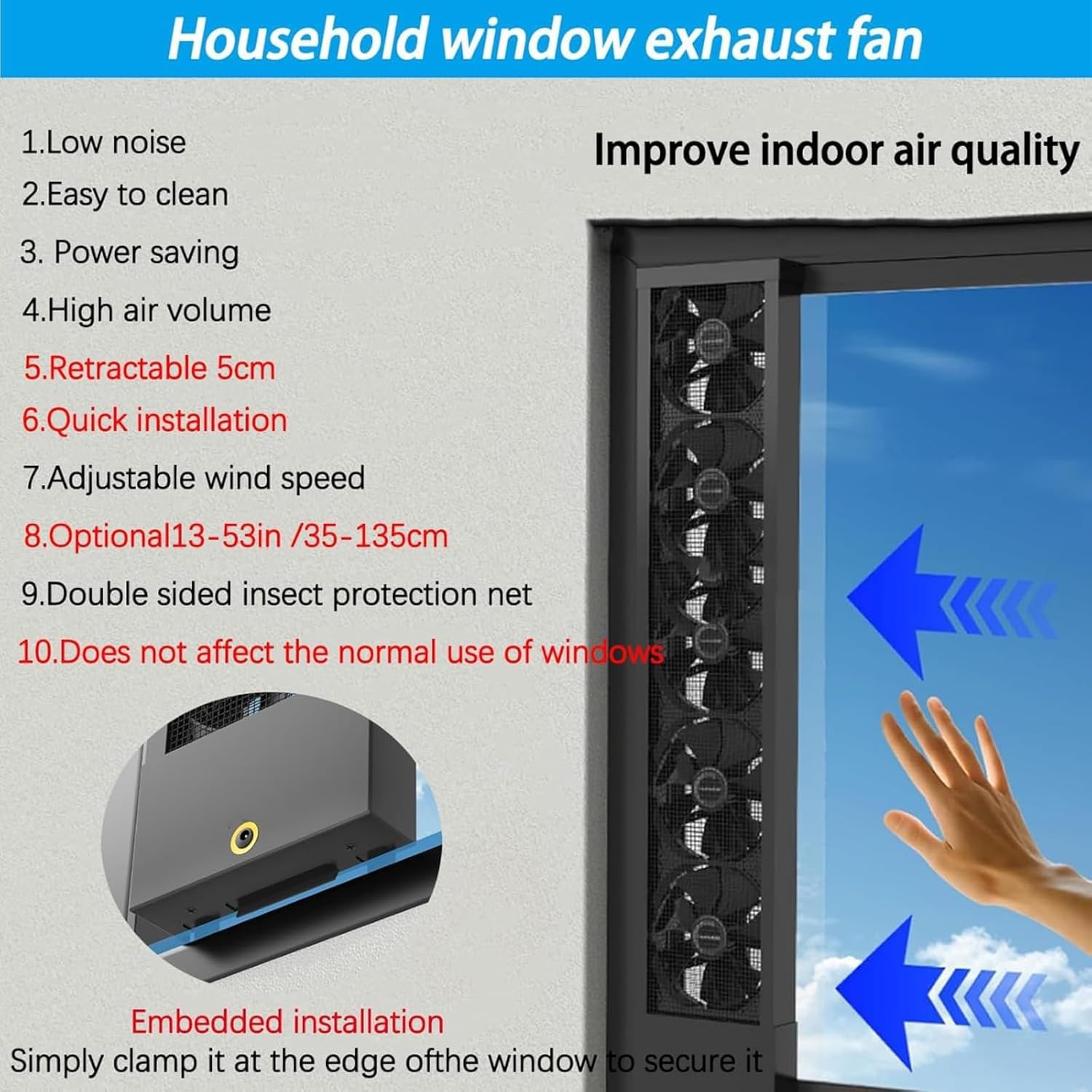 Retractable Window exhaust fan, No need to drill holesembed ded installation, Adjustable 14-53in Length, 1.9in Retractable, wind speed, for Bedroom Kitchen Office (White,43.3-45.27in)