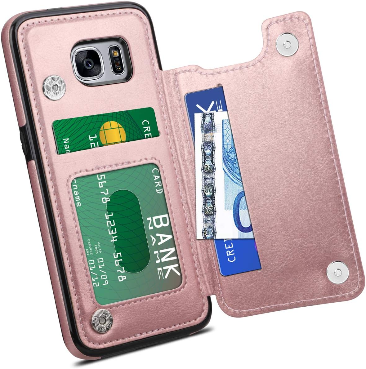 HianDier Wallet Case for Galaxy S7 Edge, Slim Protective Case with Credit Card Slot Holder Flip Folio Soft PU Leather Magnetic Closure Cover Case Compatible with Samsung Galaxy S7 Edge, Rose Gold