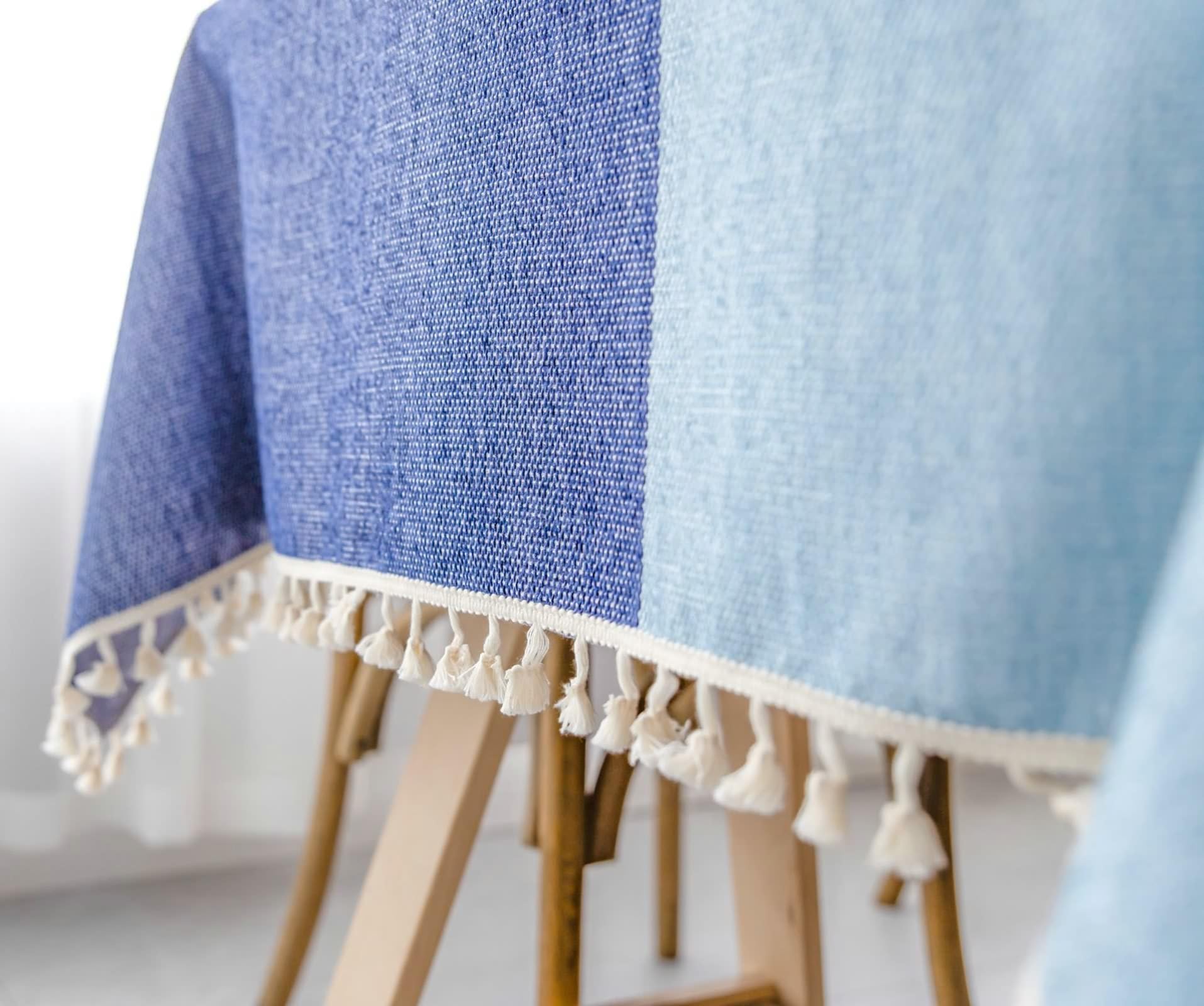 Mantel antimanchas, rectangular, de algodón y lino, para salón, lavable, con juntas, color degradado con borlas, manteles para restaurante azul, 140 x 200 cm